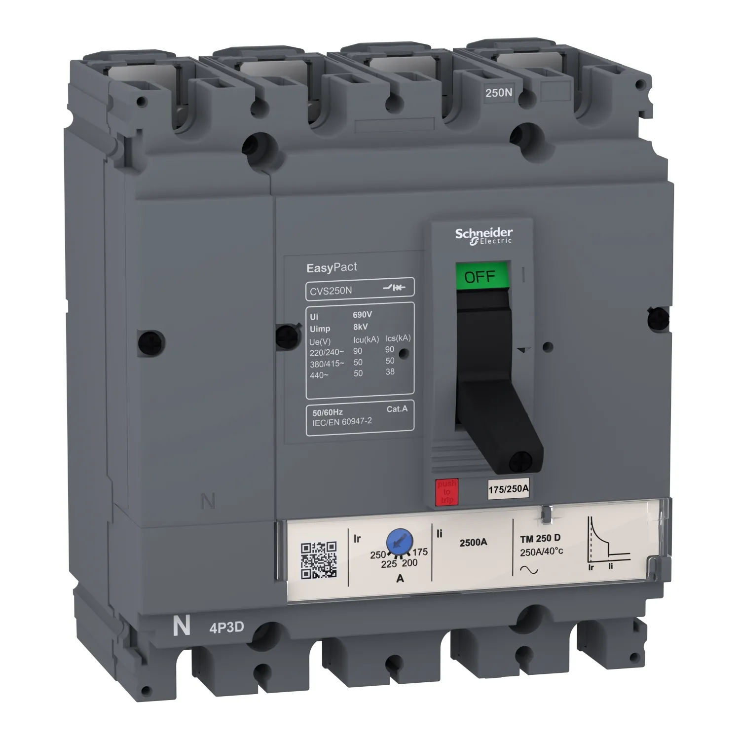 Intreruptor automat tip USOL EasyPact CVS250N, 50 kA la 415 Vc.a., 80A TM-D, 4 poli 3d, Schneider, LV510486 