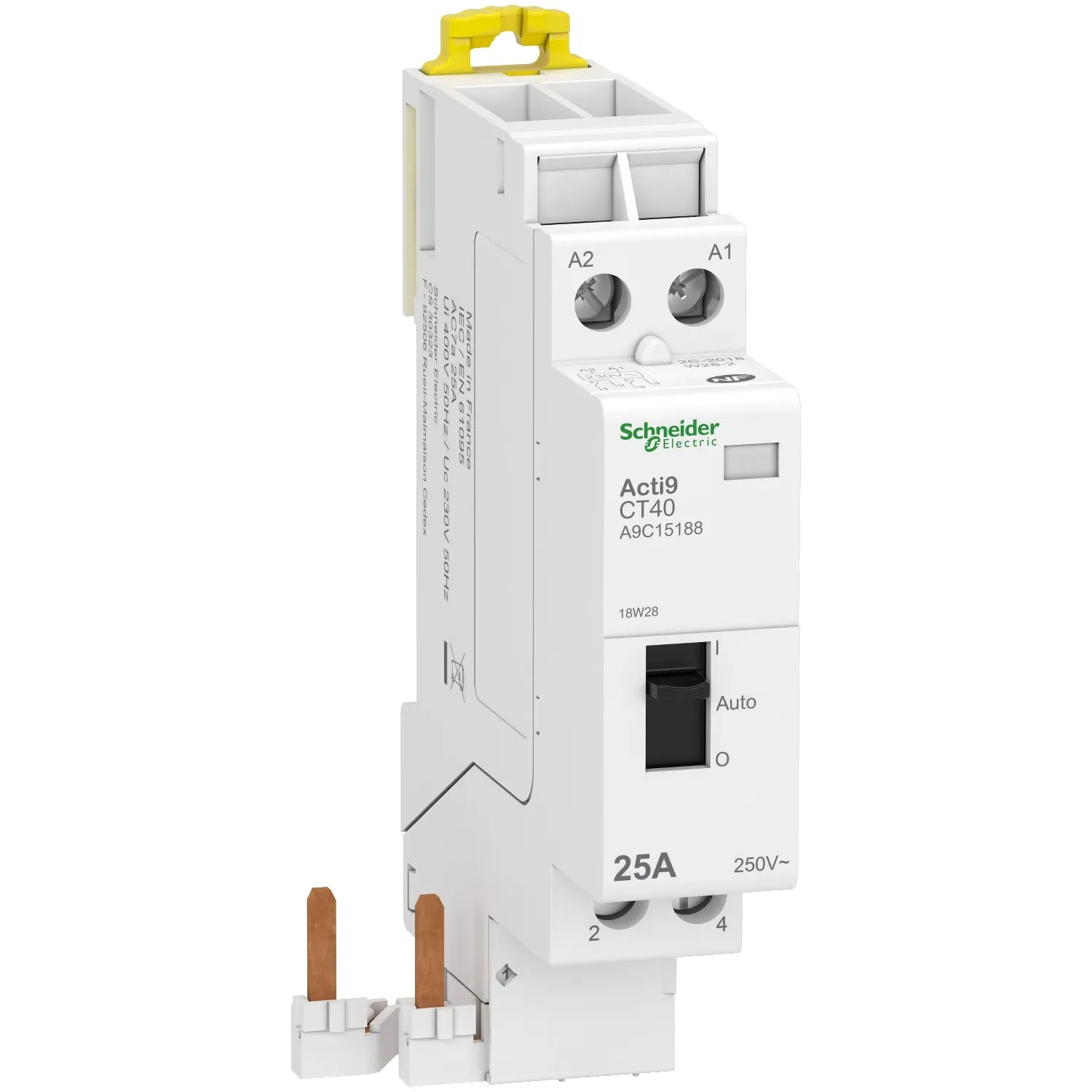 Acti9 CT40 Contactor modular  cu selector manual 25A 2ND 2 contacte normal deschise Bobina 230V Schneider A9C15188
