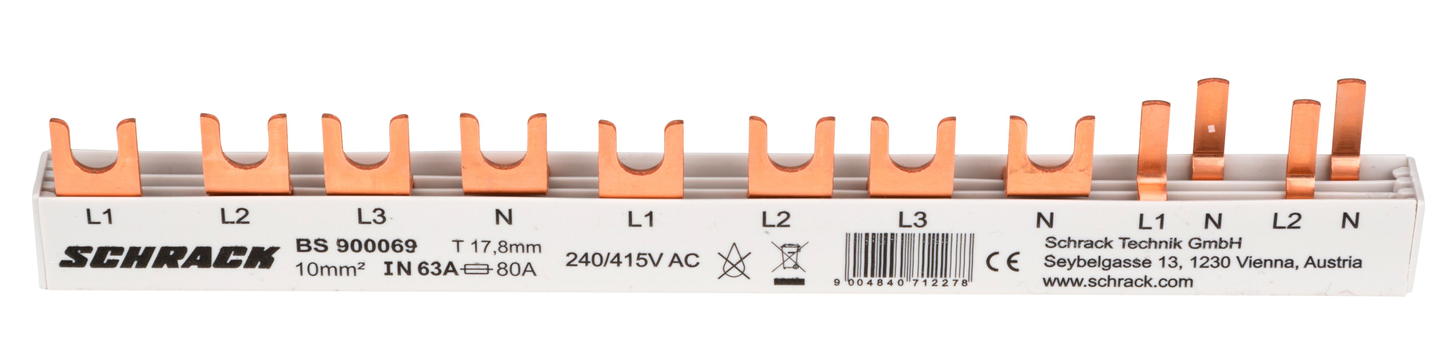 Busbar, 1xRCCB, 4P, 1xMCB, 3+N, 2xMCB, 1+N, 1m, 10M, 10mm² BS900069--
