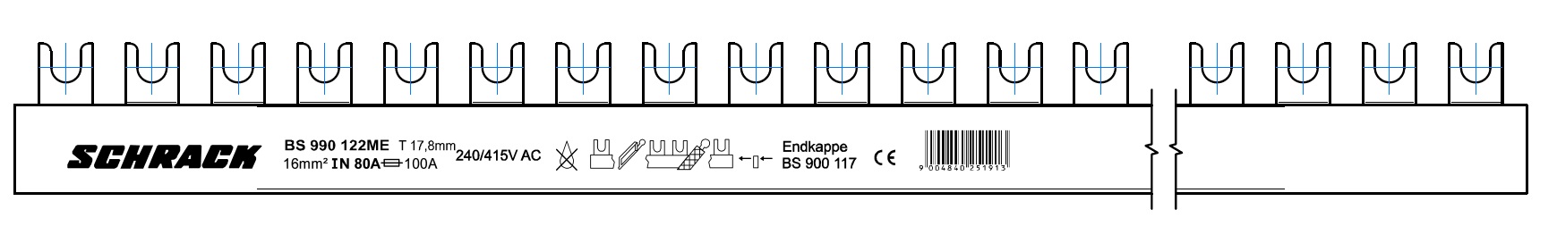 Busbar, cu, contacte, furca, 16mm², L1/L2/L3/N, 4P, 1m BS990122ME