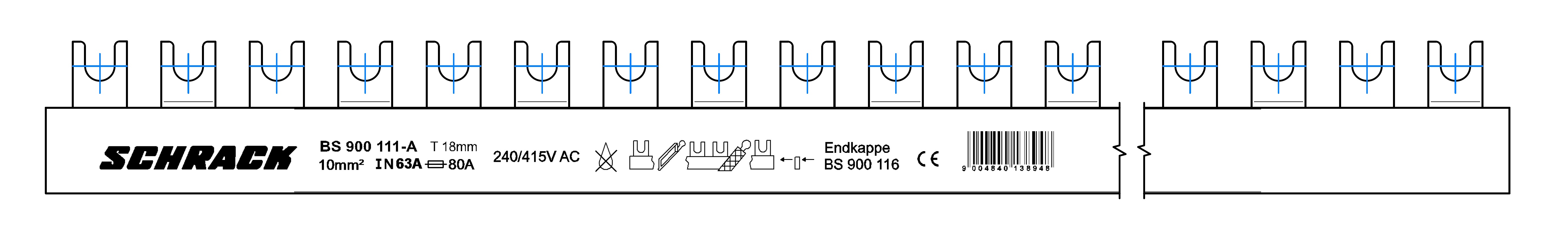 Busbar, cu, contacte, furca, 18mm, 2P, 10mm², 1m BS900111-A