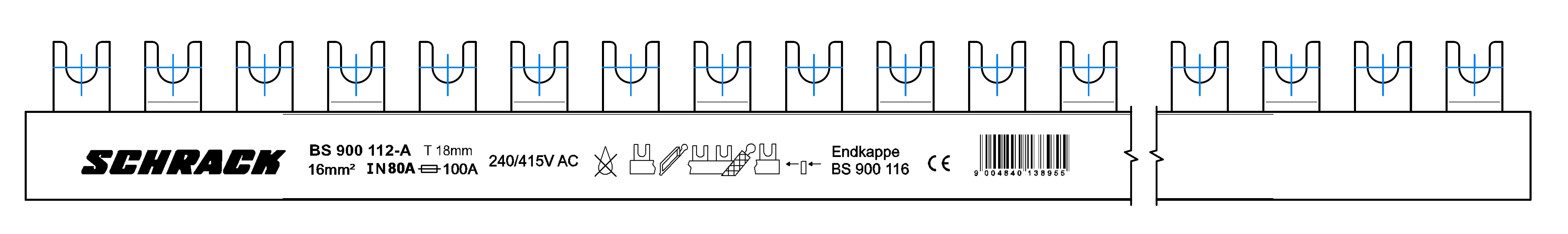Busbar, cu, contacte, furca, 18mm, 2p, 16mm², 1m
