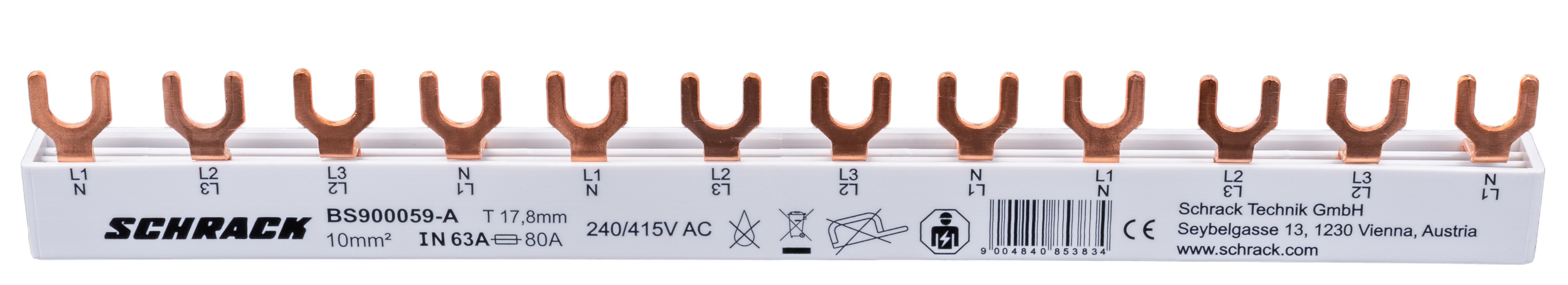 Busbar, 1xrccb, 4p, 4xspd, 1xmcb, 3+n, 12mw, 10mm²