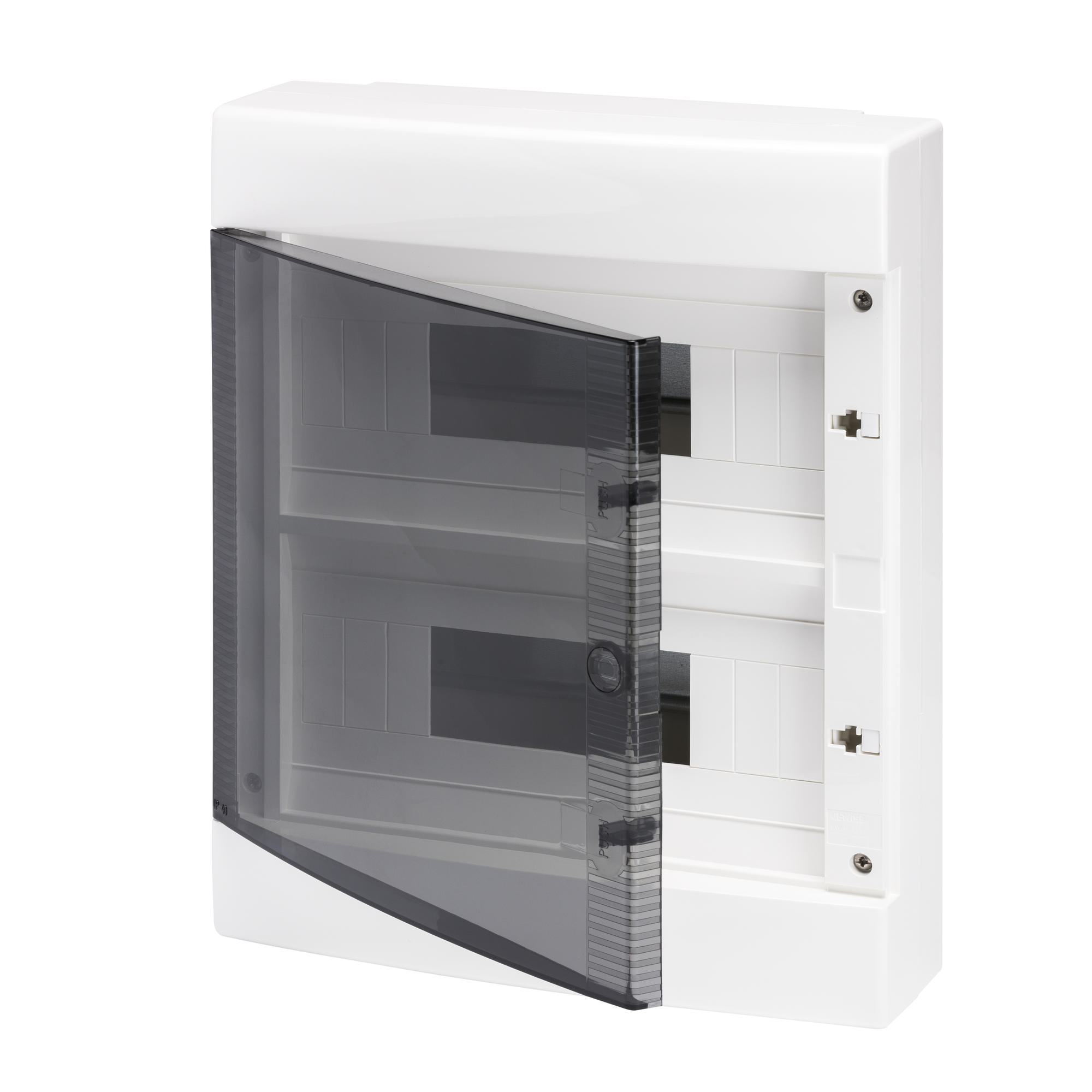 Tablou de Distributie Montaj Aparent cu Usa Transparenta Fumurie - cu Bloc Terminal N (3X16)+(11X10) E (3X16)+(11X10) - (12x2) 24 Module IP40 Gewiss GW40047BS