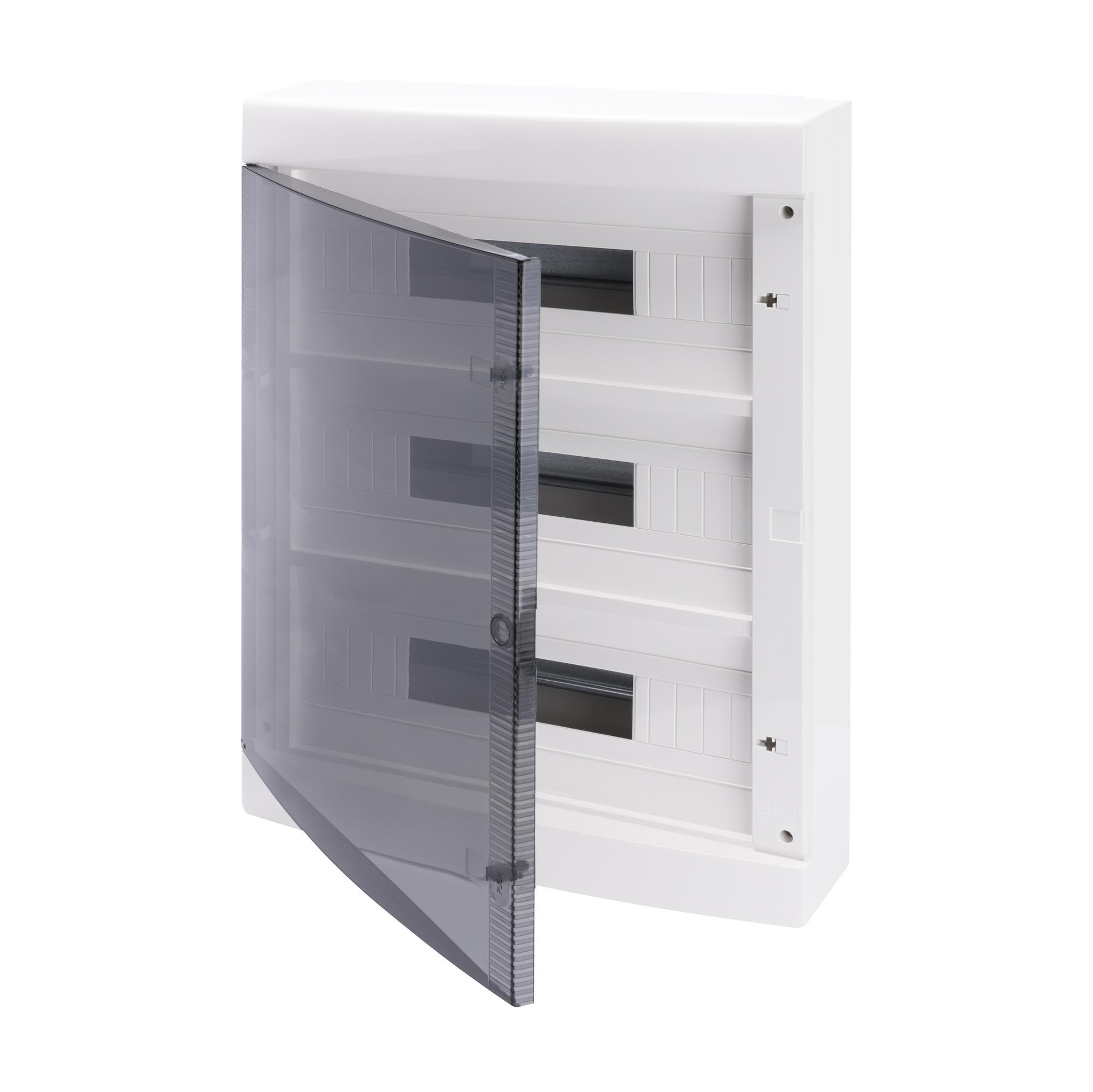 Tablou de Distributie Montaj Aparent cu Usa Transparenta Fumurie - cu Bloc Terminal N 2 X [(3X16)+(17X10)] E 2 X [(3X16)+(17X10)] - (18x3) 54 Module IP40 Gewiss GW40051BD