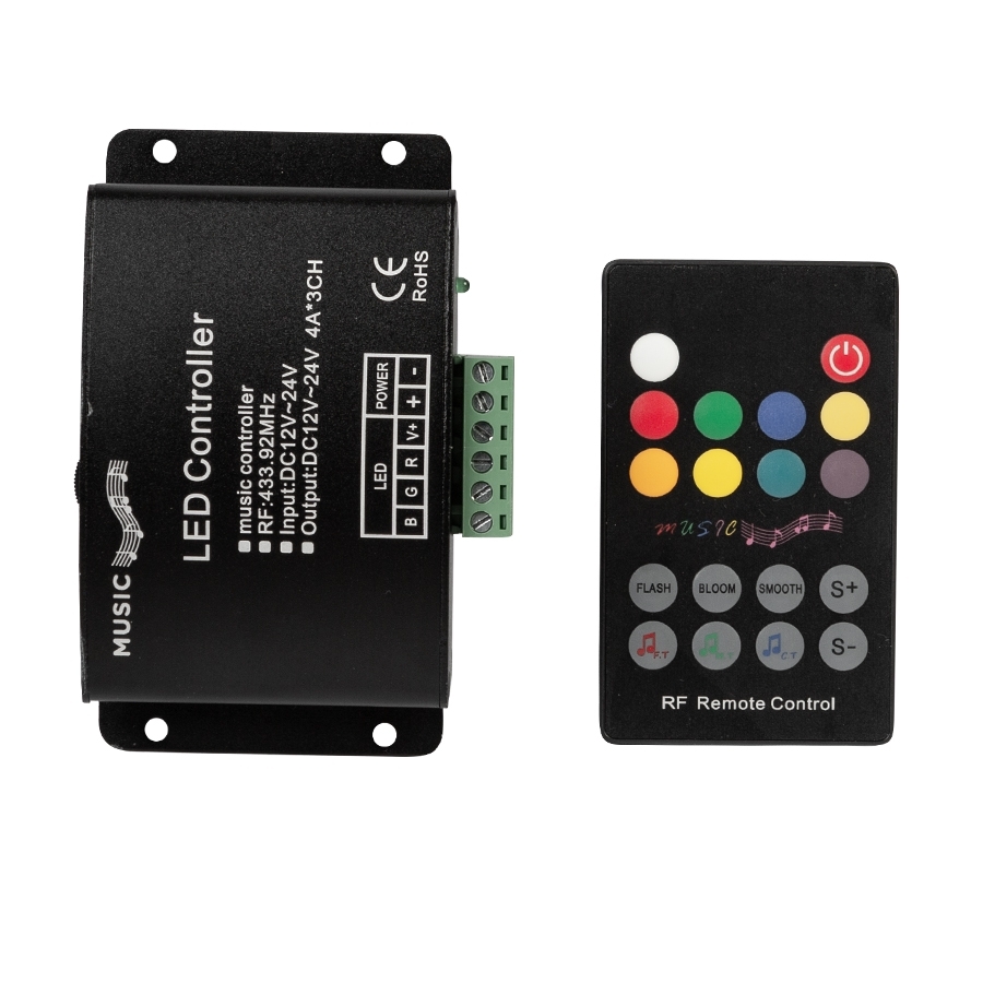 Controller, audio RF Pentru, Benzi LED RGB, 12А, 12-24V DC, 144W (12V), 288W (24V), Ultralux, RGBRF12MC