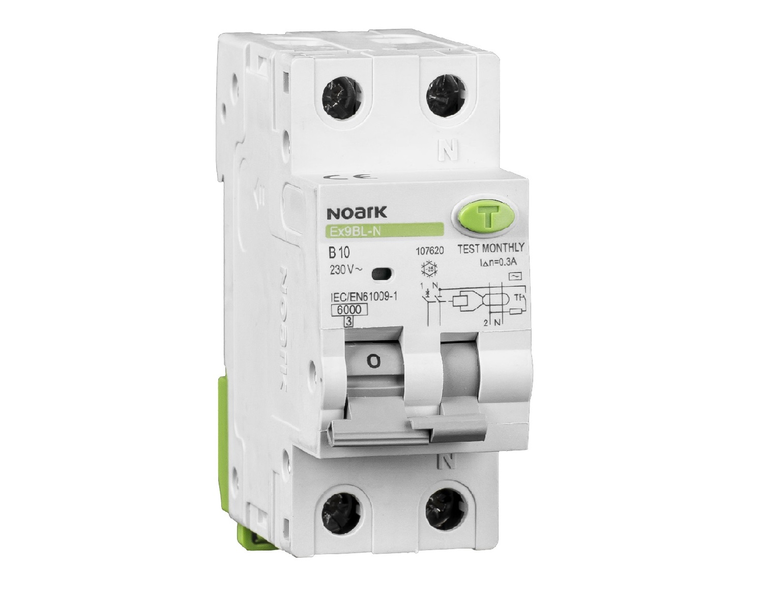 Intrerupator diferential RCBO 6kA 1P+N 10A 100mA tip AC Noark Ex9BL-N 107660