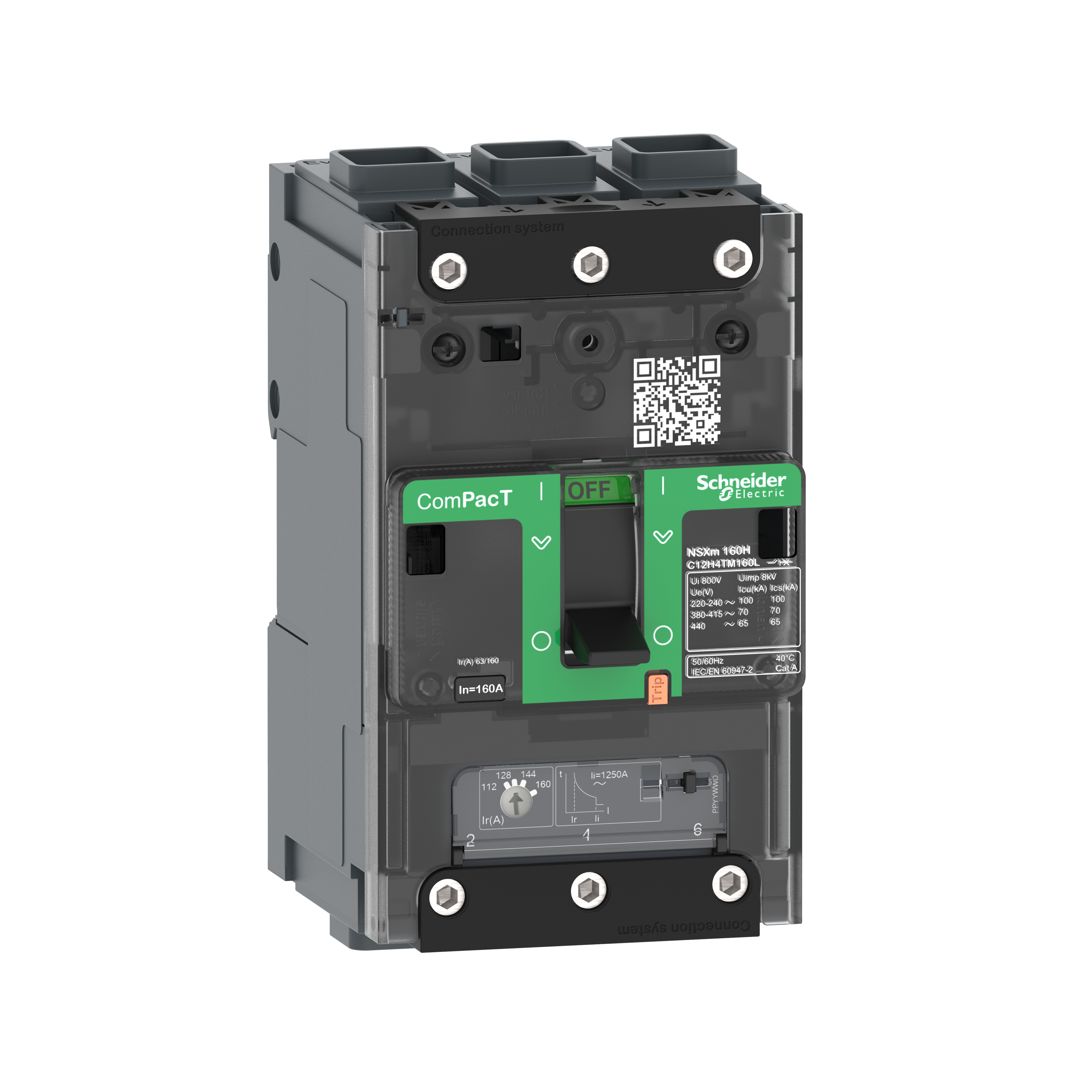 Intreruptor, ComPacT, Schneider, NSXm, E, (16, kA, la, 415, VAC), 3 Poli 3d, 125A, TMD, unitate, de, declansare, conectori, EverLink, C12E3TM125L
