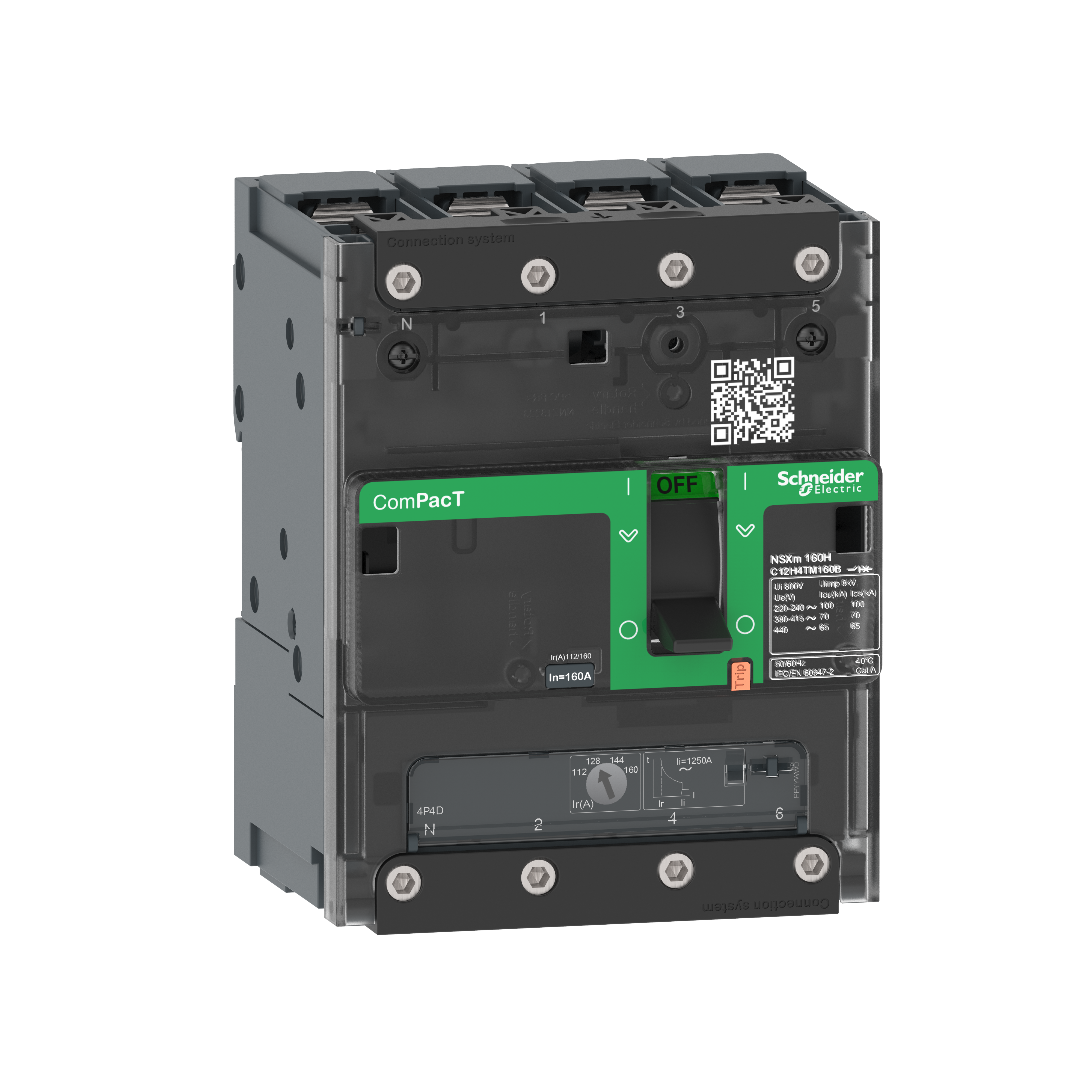 Intreruptor, ComPacT, Schneider, NSXm, E, (16, kA, la, 415, VAC), 4 Poli 3d 125A, TMD, unitate, de, declansare, papuc, tip, compresie/conector, bara, colectoare, C12E6TM125B