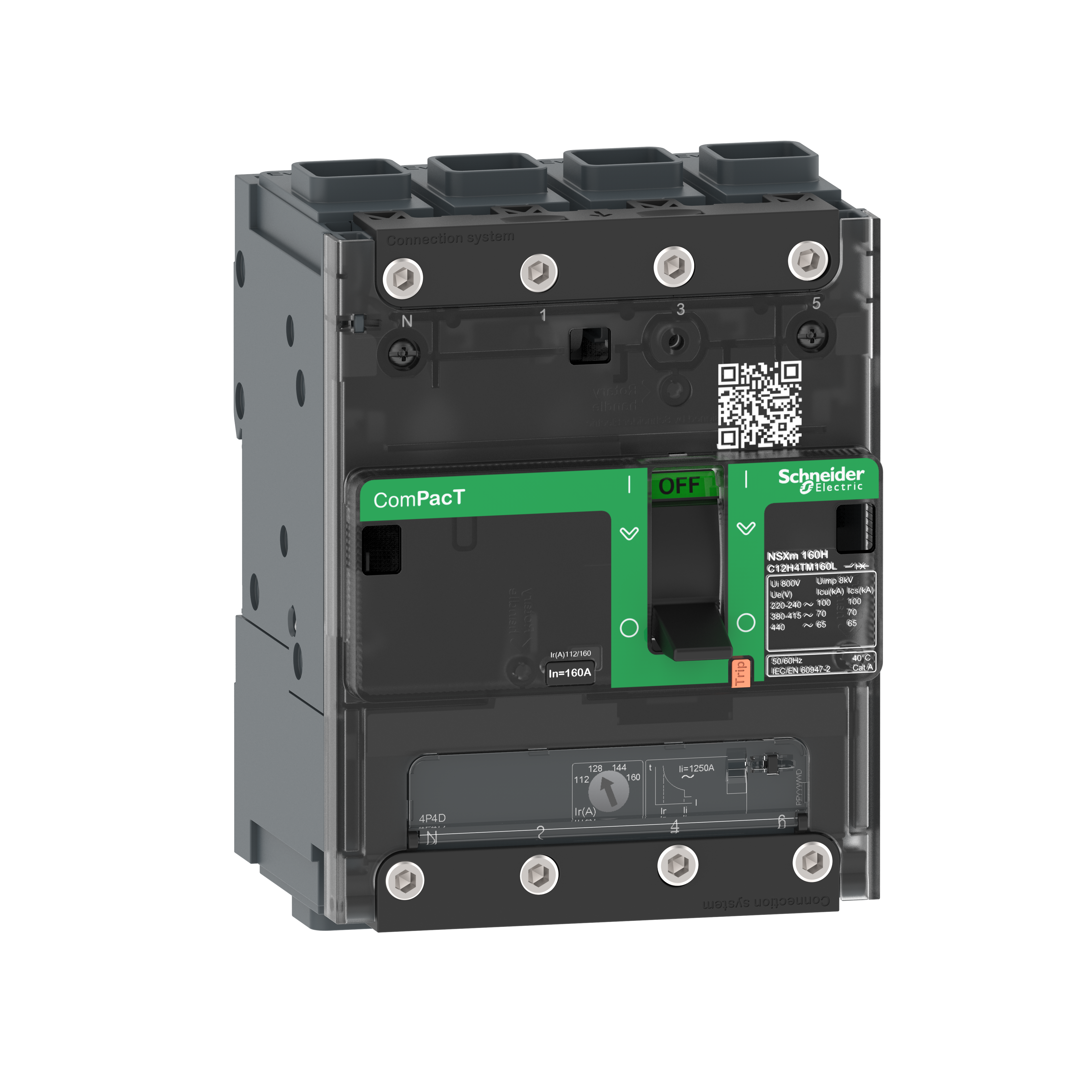 Intreruptor, ComPacT, Schneider, NSXm, H, (70, kA, la, 415, VAC), 4 Poli 3d 100A, unitate, de, declansare, TMD, conectori, EverLink, C11H6TM100L