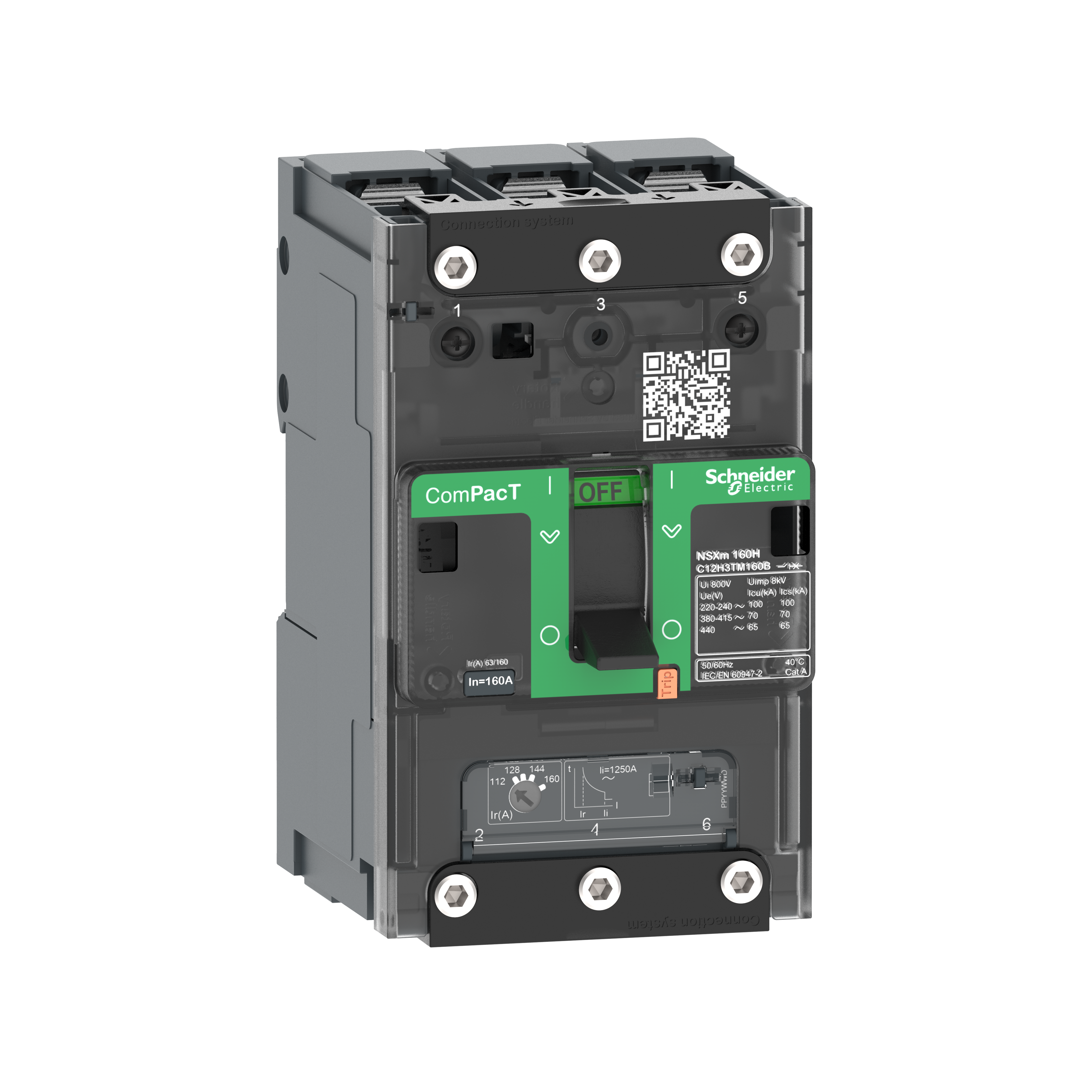 Intreruptor, ComPacT, Schneider, NSXm, H, (70, kA, la, 415, VAC), 3 Poli 3d, unitate, de, declansare, TMD16A, papuci, de, compresie, si, conectori, pentru, bare, colectoare, C11H3TM016B