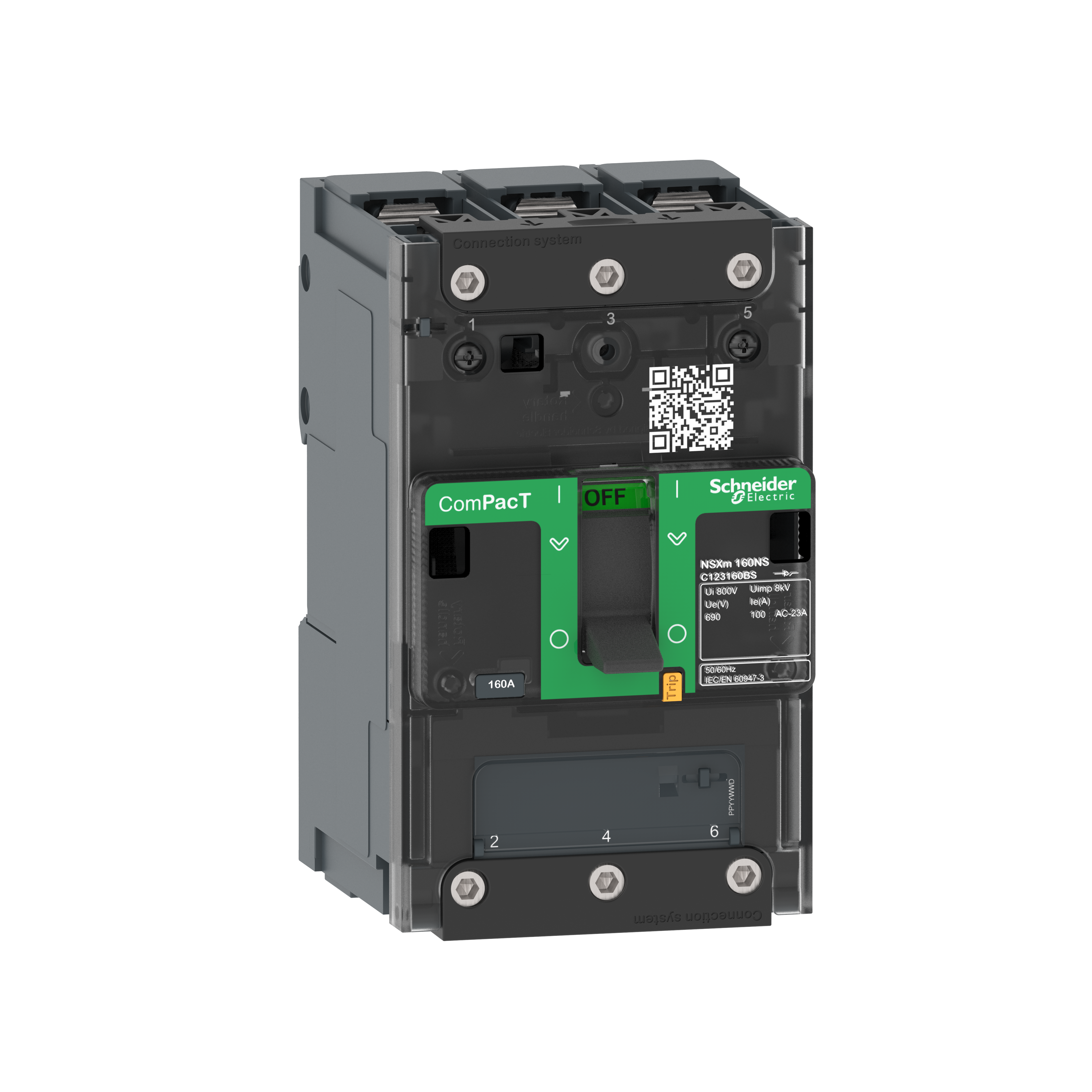 Intreruptor, ComPacT, Schneider, NSXm, NA, 3 Poli, de, 160A, papuci, de, compresie, si, conectori, pentru, bare, colectoare, C123160BS