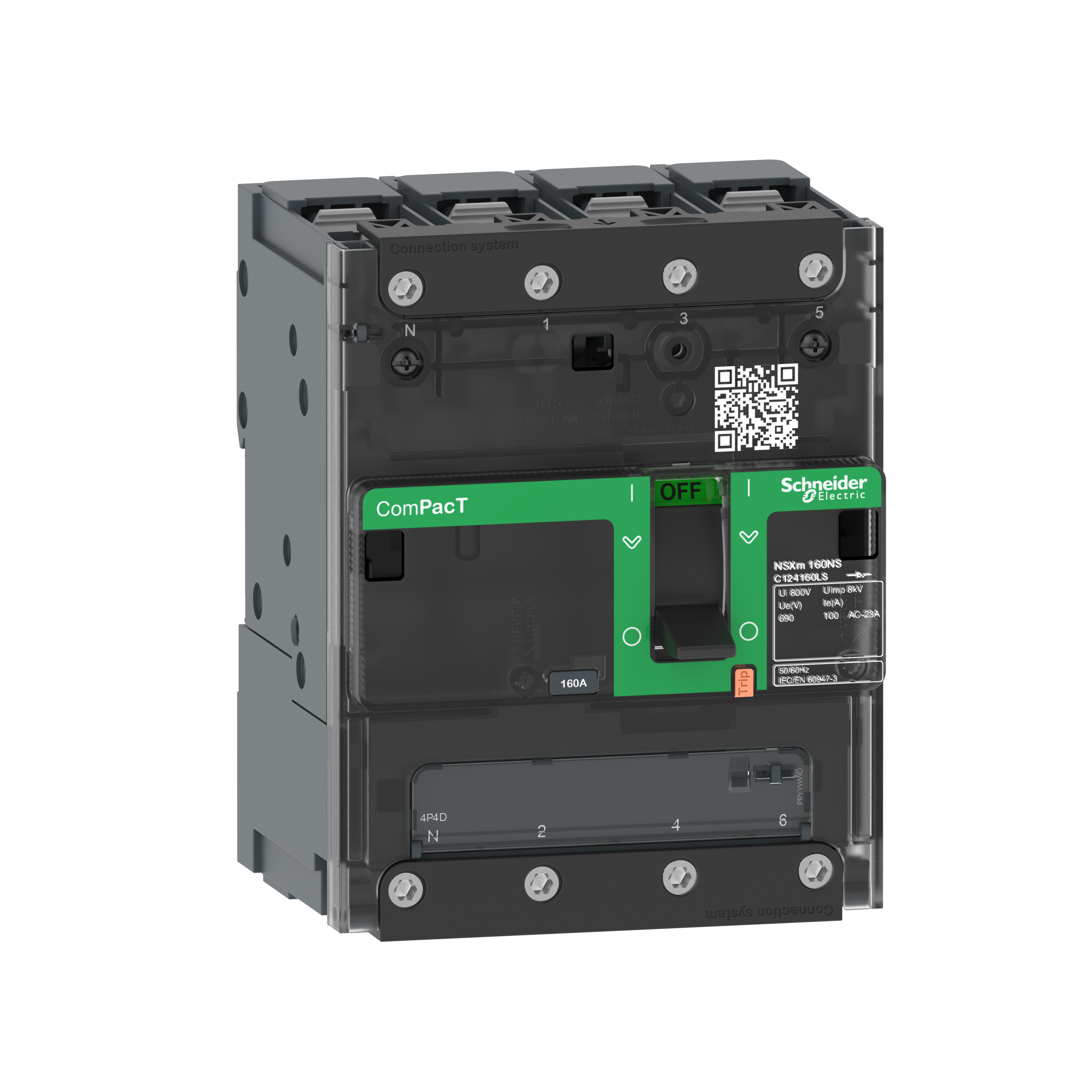 Intreruptor, ComPacT, Schneider, NSXm, NA, 4 Poli, 160A, papucide, compresie, si, conectori, pentru, bare, colectoare, C124160BS