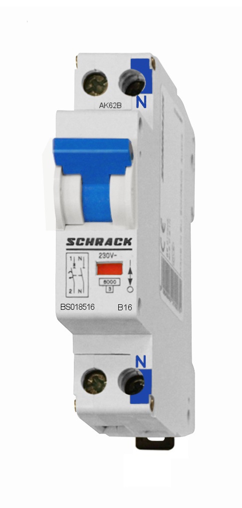 Intrerupator, automat, 1uh, bipolar, 1p+n, schrack, curba, b, 16a, 6ka, schrack, bs018516--