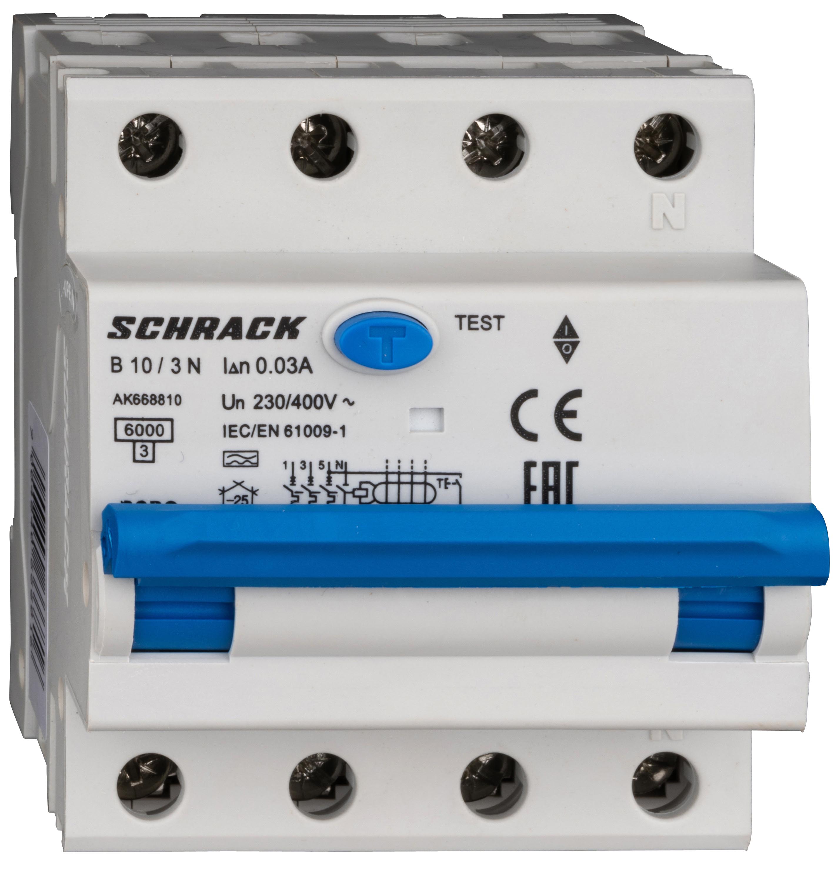 Intrerupator, automat, diferential, Schrack, AMPARO, Tip A, Tetrapolar, 3P+N, Curba B, 10A, 30mA, 6kA AK668810--