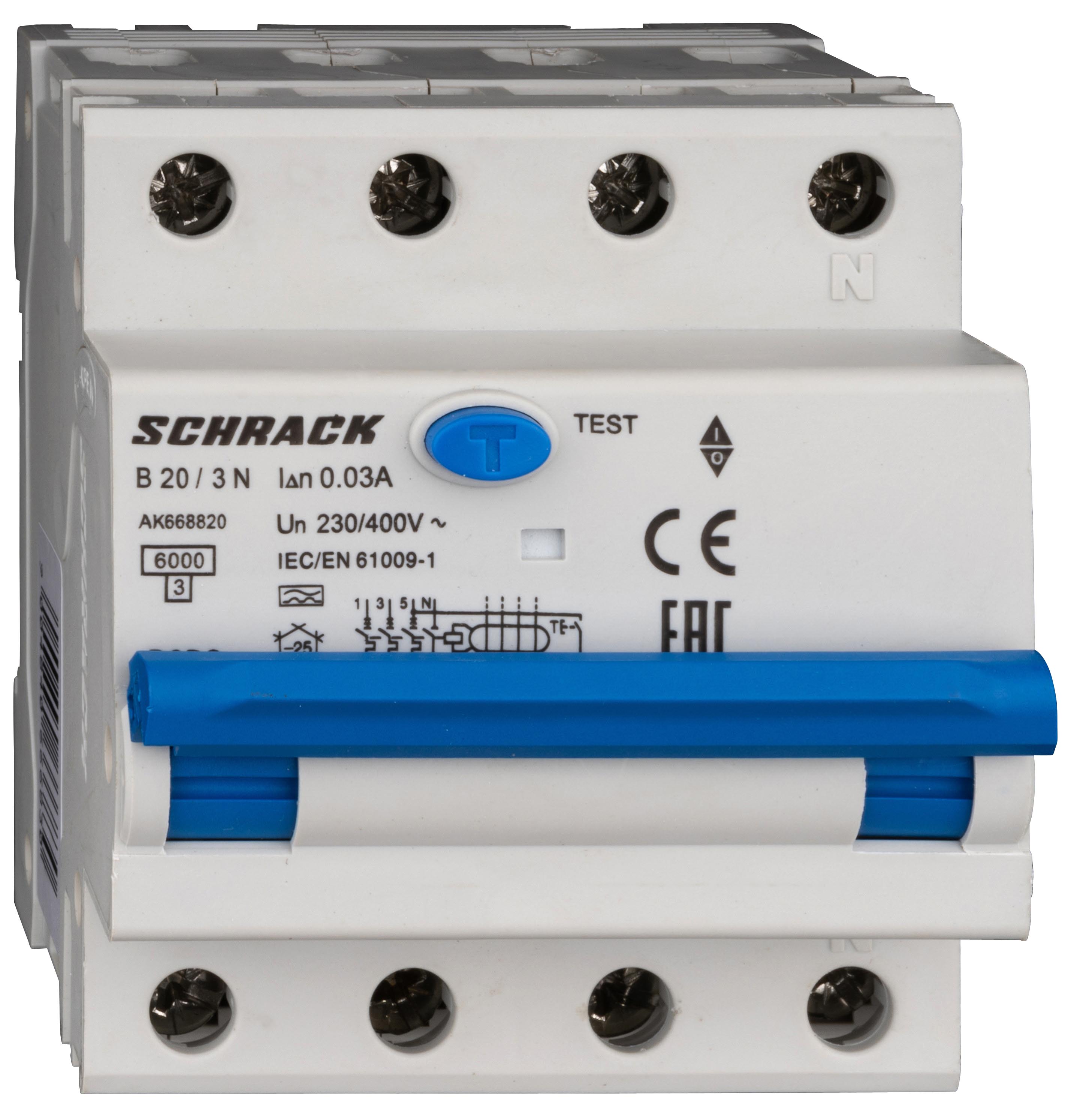 Intrerupator, automat, diferential, Schrack, AMPARO, Tip A, Tetrapolar, 3P+N, Curba B, 20A, 30mA, 6kA