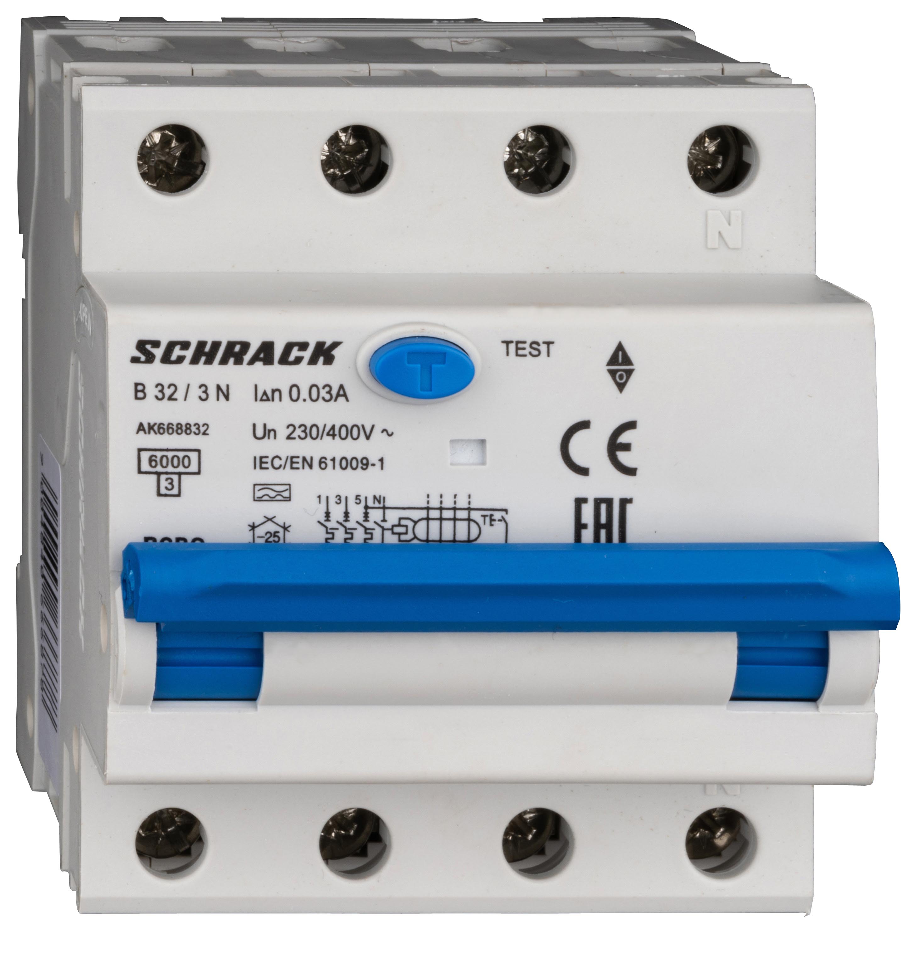 Intrerupator, automat, diferential, Schrack, AMPARO, Tip A, Tetrapolar, 3P+N, Curba B, 32A, 30mA, 6kA AK668832--