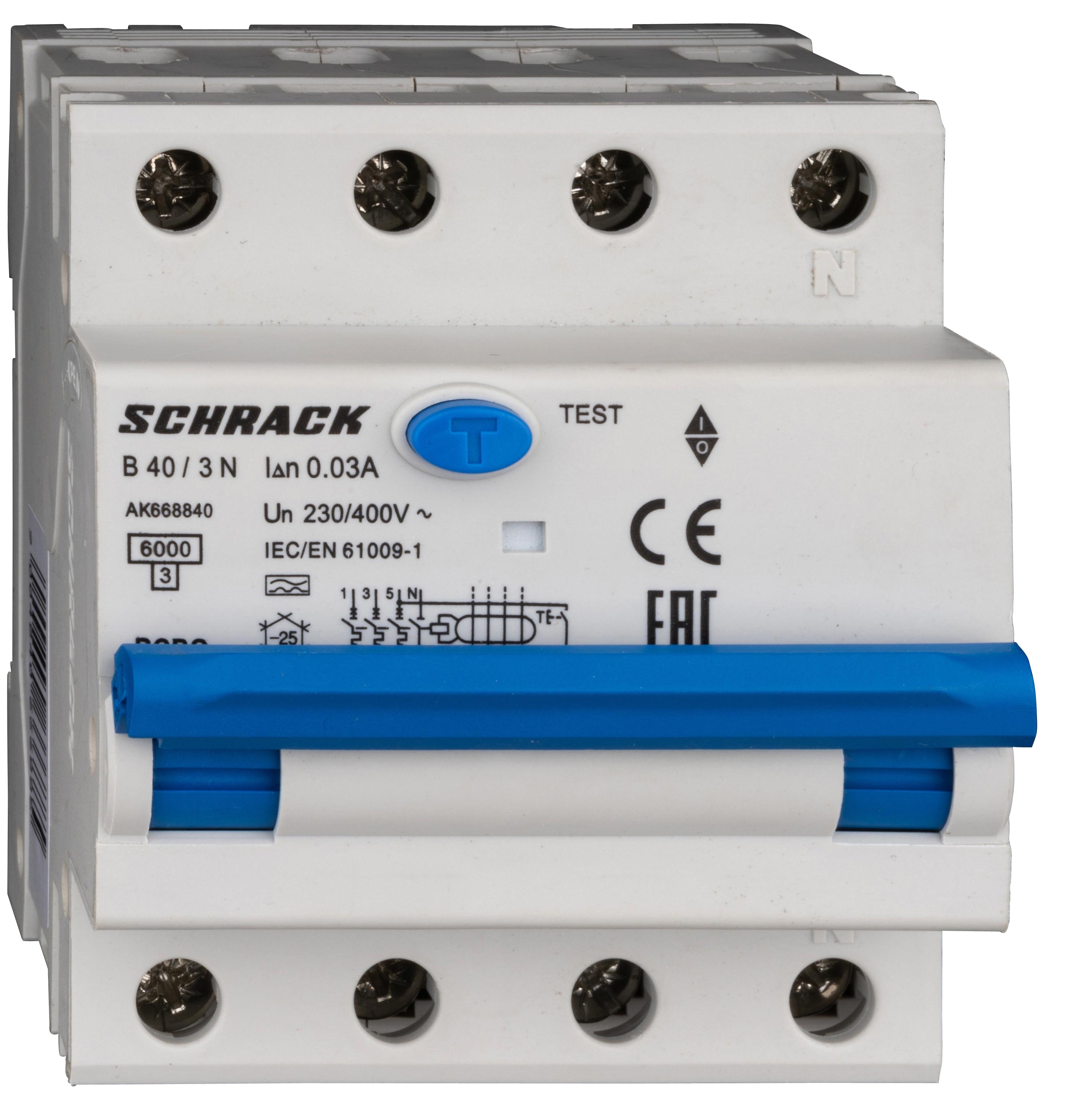 Intrerupator, automat, diferential, Schrack, AMPARO, Tip A, Tetrapolar, 3P+N, Curba B, 40A, 30mA, 6kA