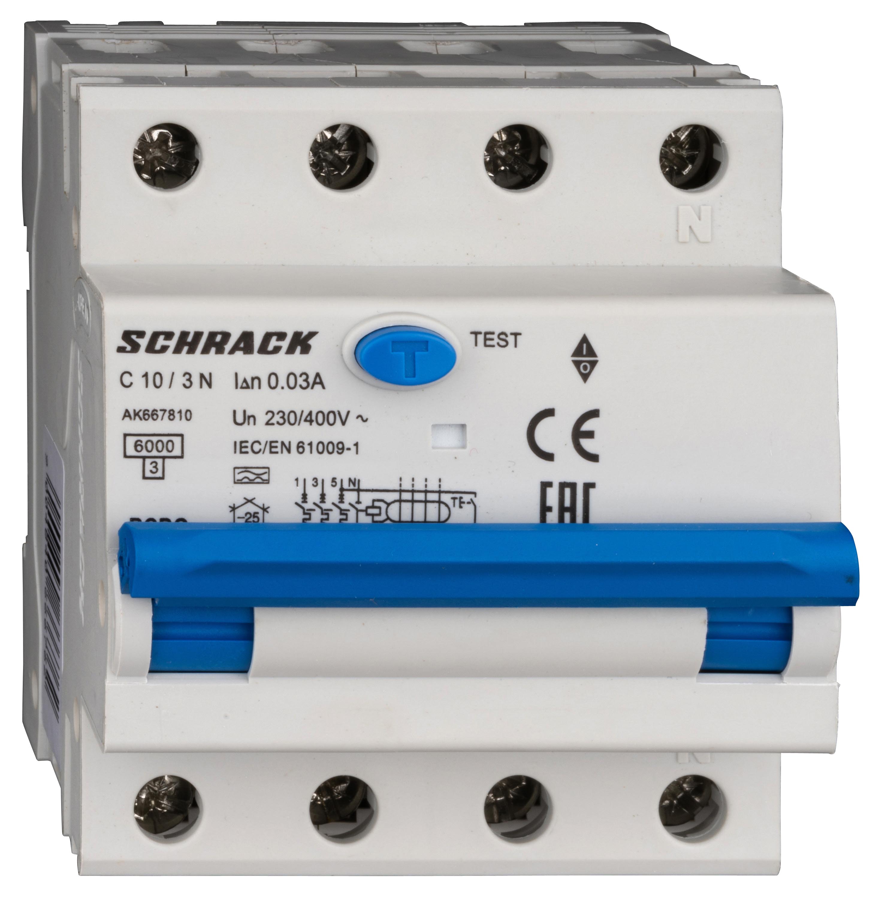 Intrerupator, automat, diferential, Schrack, AMPARO, Tip A, Tetrapolar, 3P+N, Curba C, 10A, 30mA, 6kA