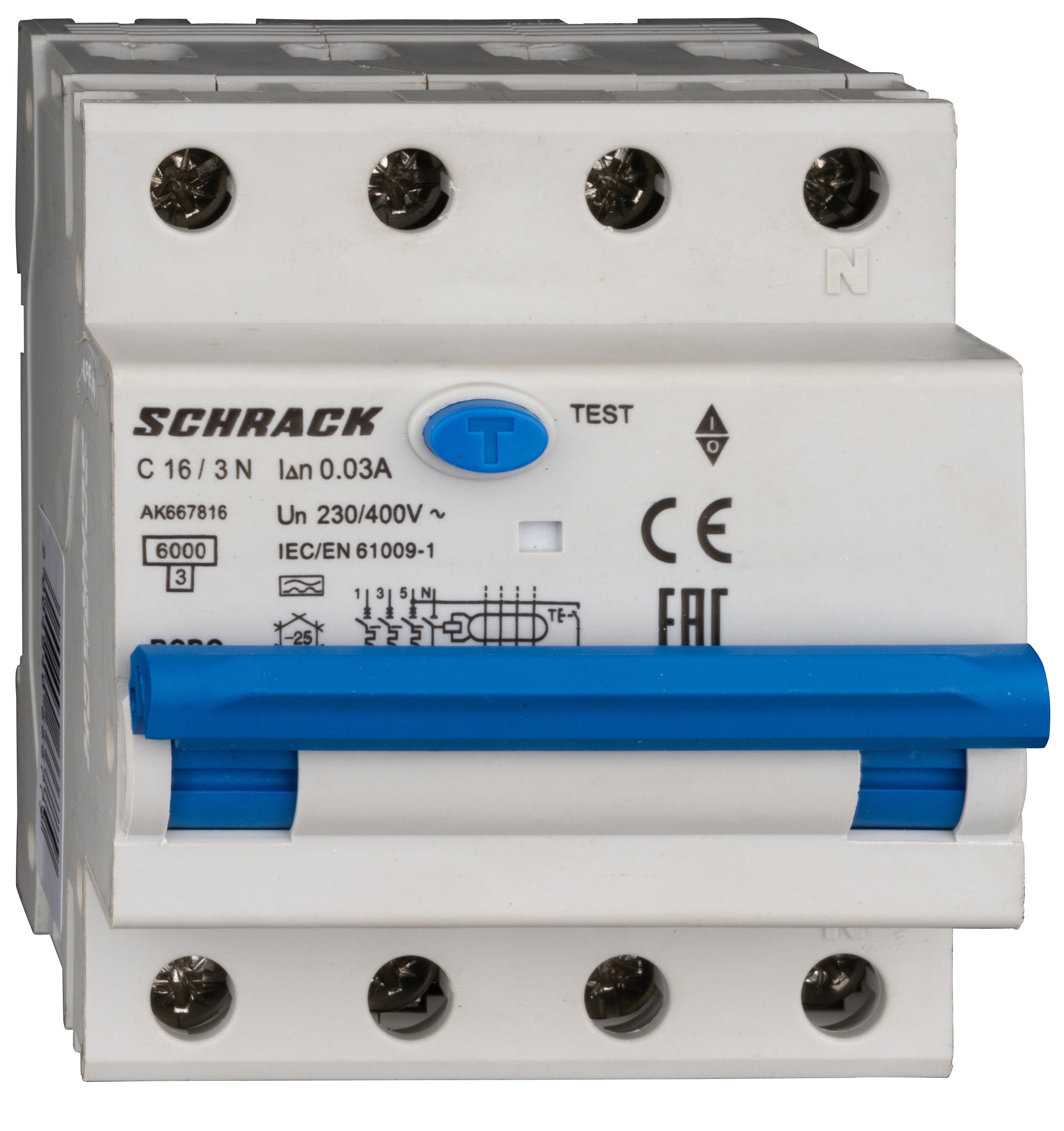 Intrerupator, automat, diferential, Schrack, AMPARO, Tip A, Tetrapolar, 3P+N, Curba C, 16A, 30mA, 6kA AK667816--