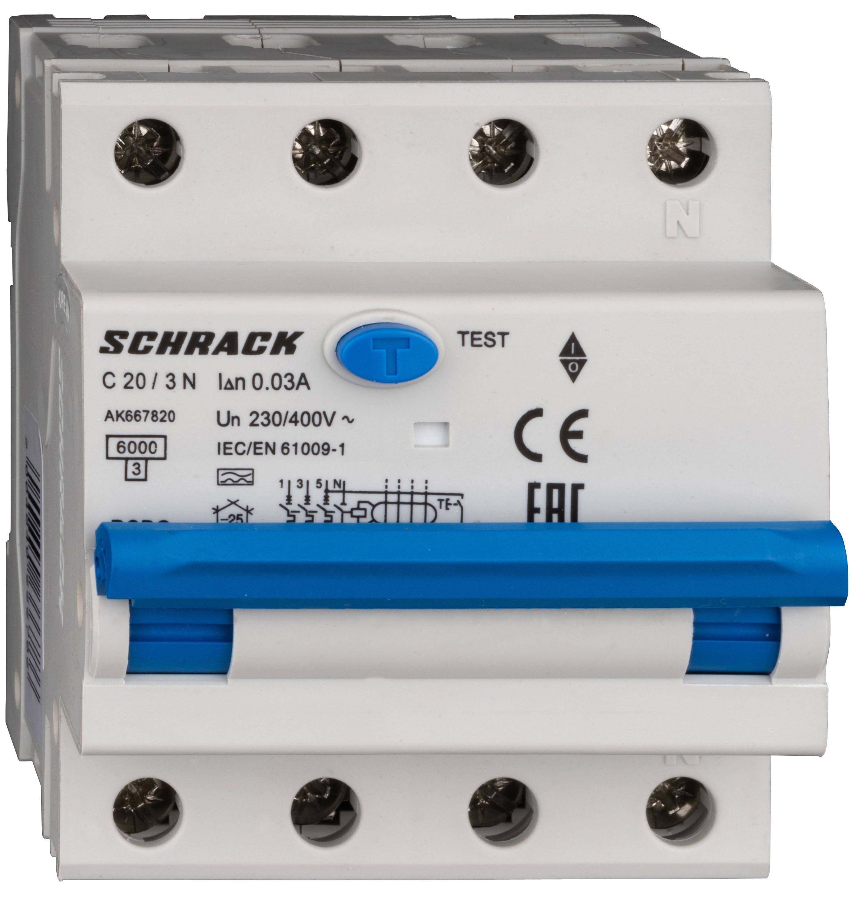 Intrerupator automat diferential Schrack AMPARO Tip A Tetrapolar 3P+N Curba C 20A 30mA 6kA