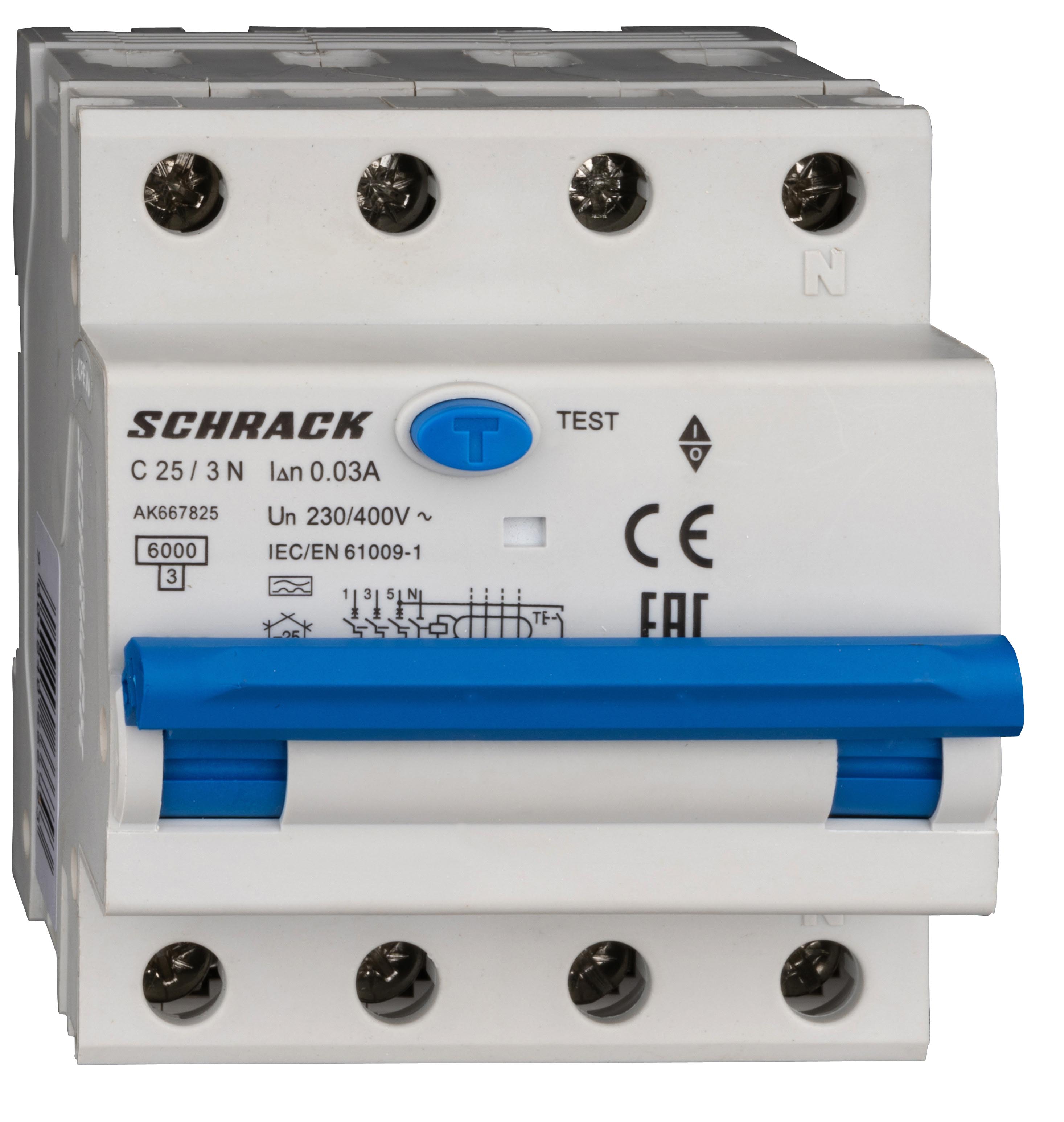 Intrerupator, automat, diferential, Schrack, AMPARO, Tip A, Tetrapolar, 3P+N, Curba C, 25A, 30mA, 6kA