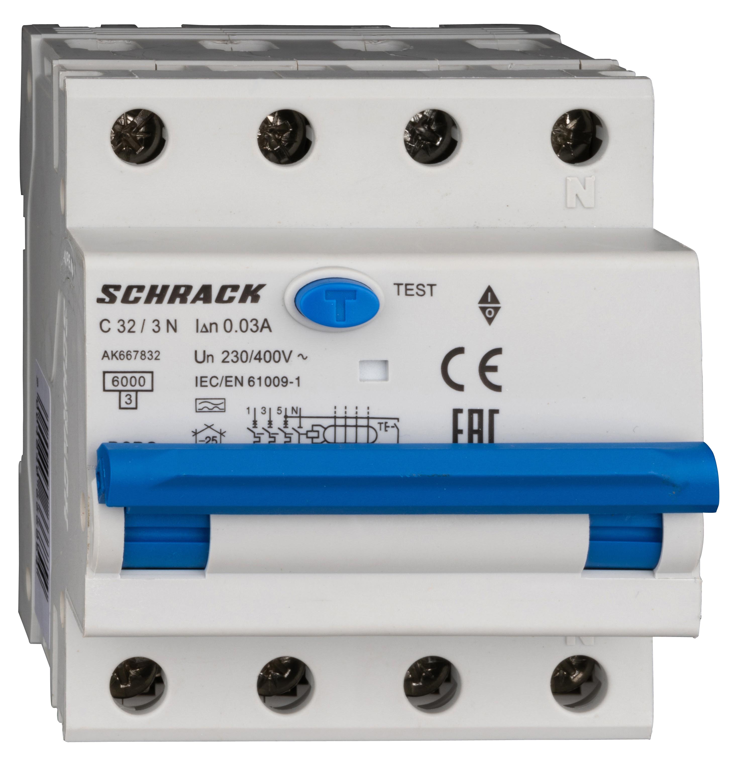 Intrerupator, automat, diferential, Schrack, AMPARO, Tip A, Tetrapolar, 3P+N, Curba C, 32A, 30mA, 6kA