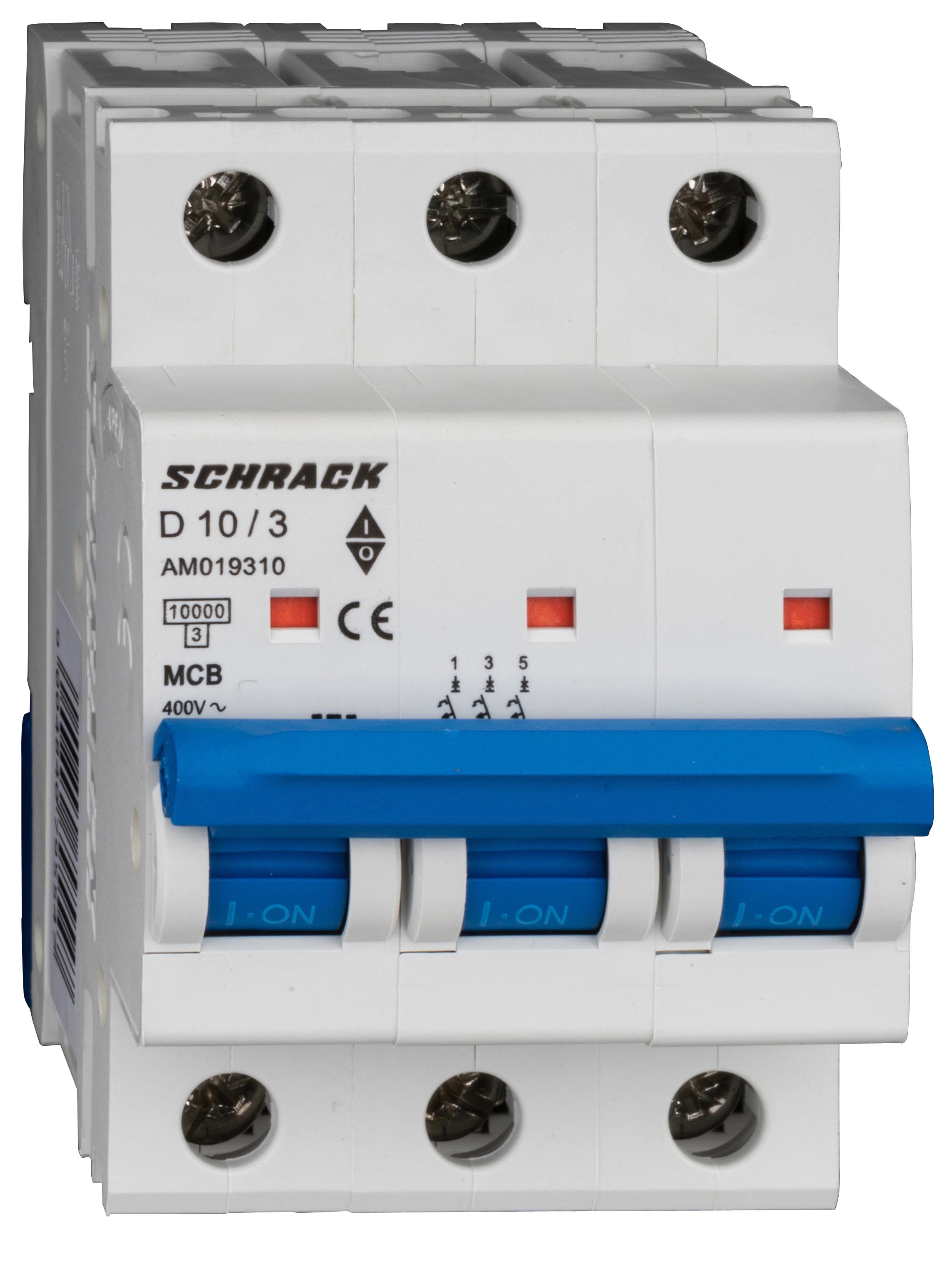 Intrerupator, automat, mcb, amparo, tripolar, 3p, curba, d, 10a, 10ka, schrack, am019310--