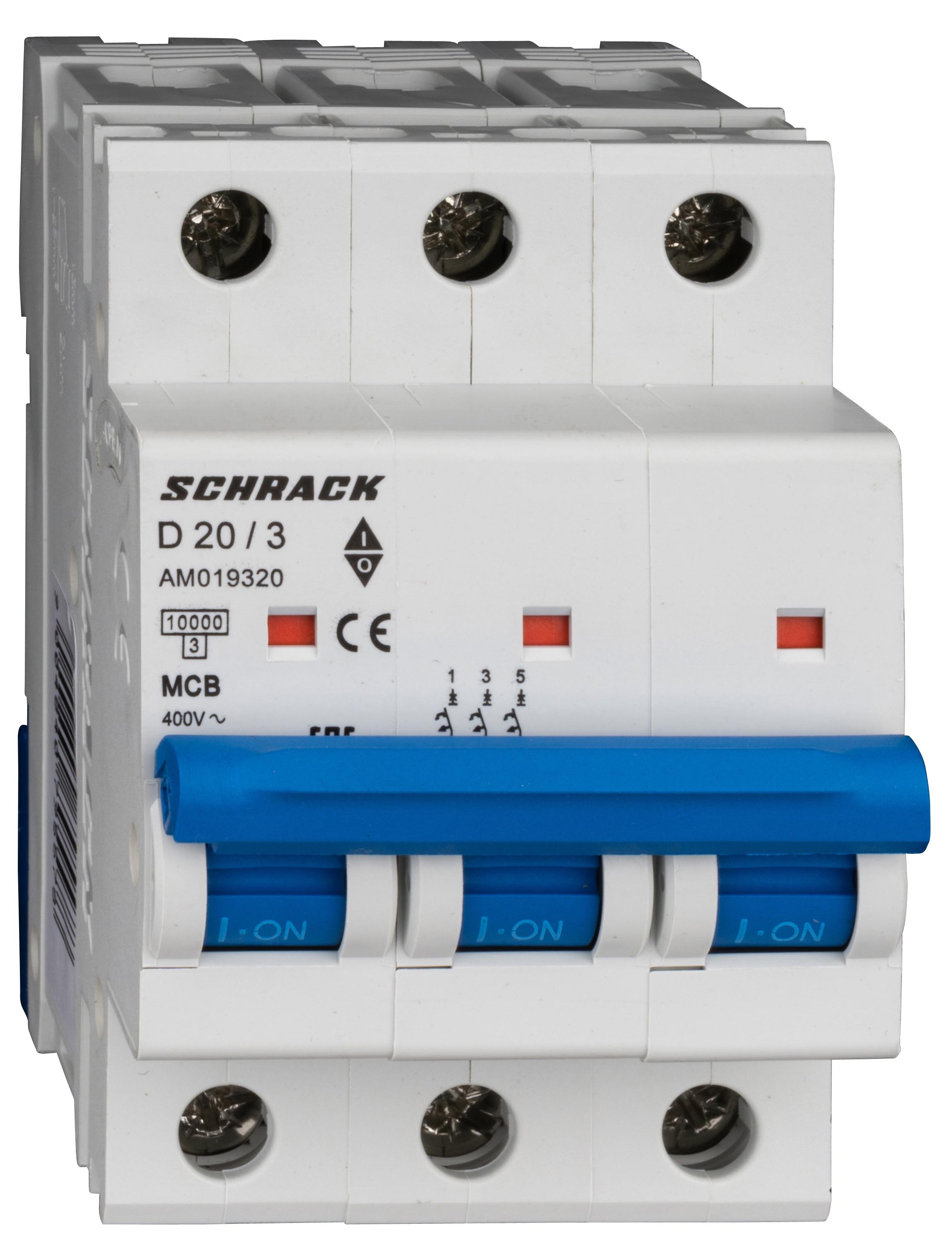 Intrerupator, automat, mcb, amparo, tripolar, 3p, curba, d, 20a, 10ka, schrack, am019320--