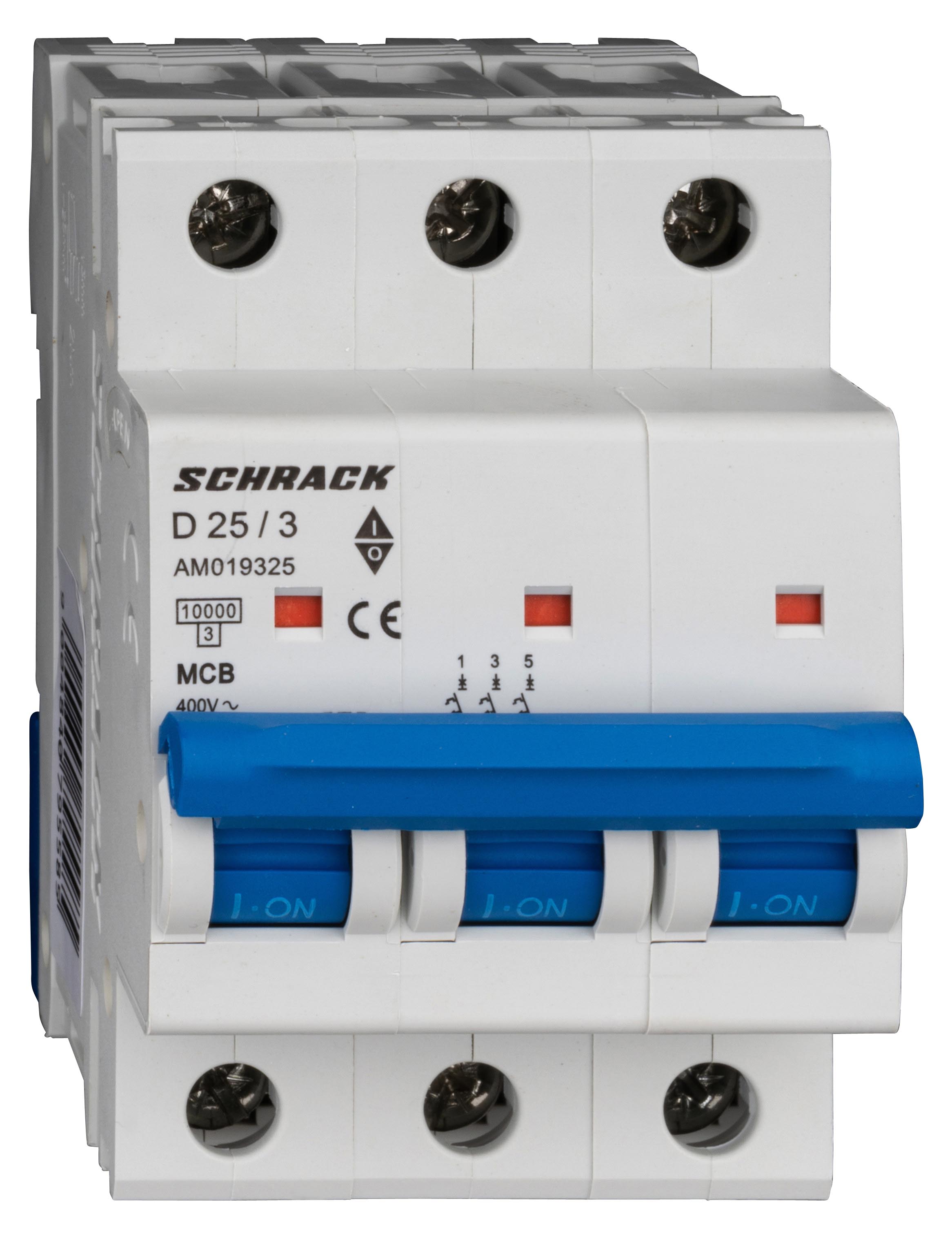 Intrerupator, automat, mcb, amparo, tripolar, 3p, curba, d, 25a, 10ka, schrack, am019325--