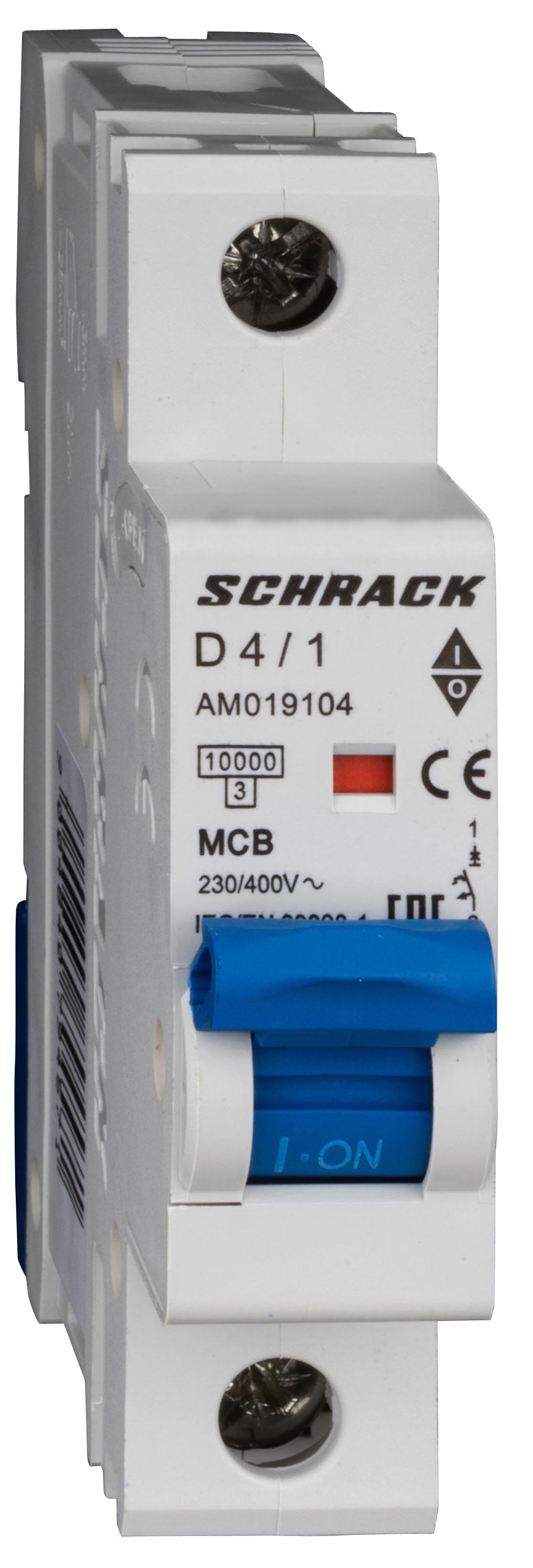 Intrerupator, Automat, MCB, AMPARO, Monopolar, 1P, Curba, D, 4A, 10kA, Schrack, AM019104-- 