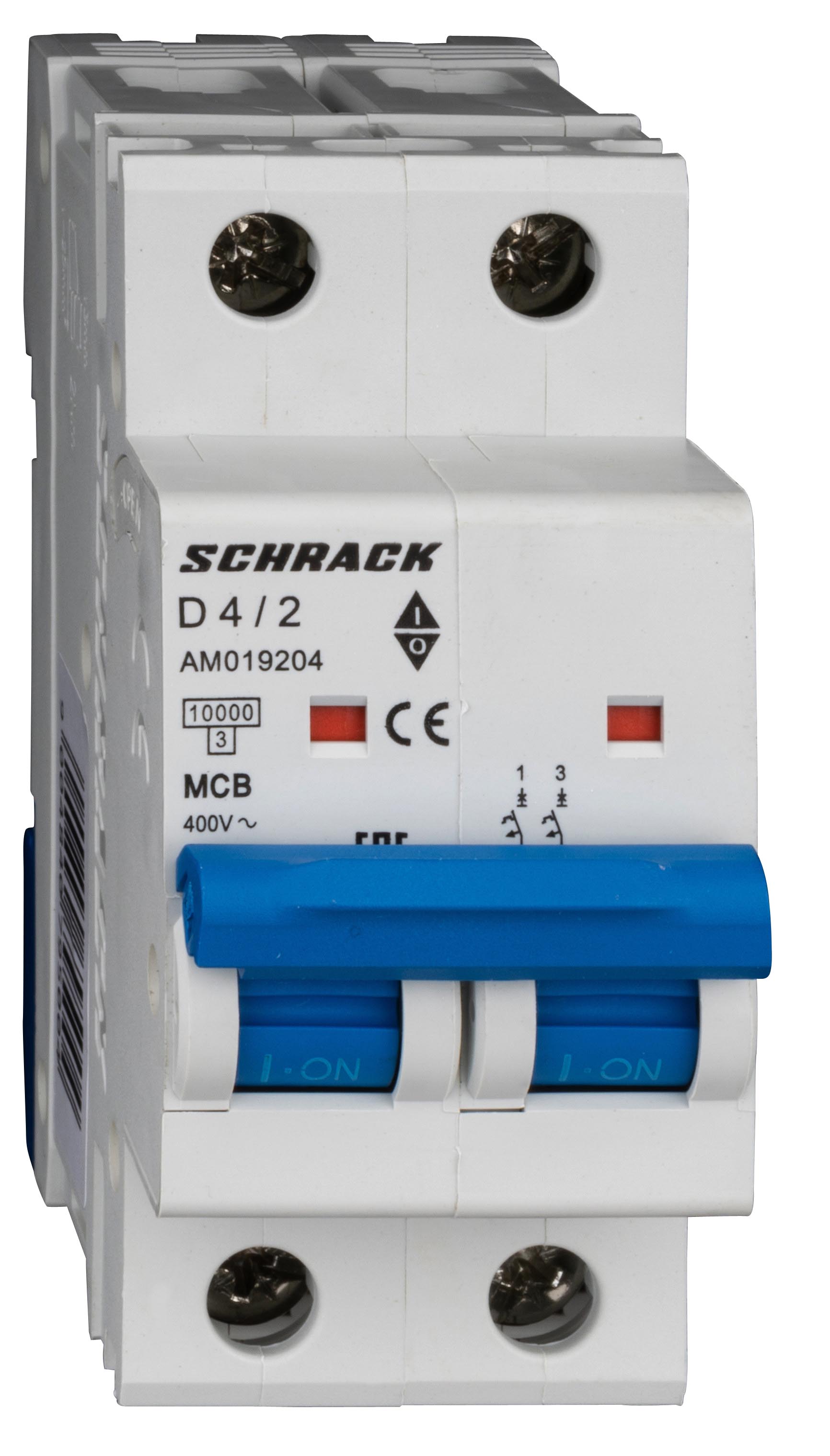 Intrerupator, automat, mcb, amparo, bipolar, 2p, curba, d, 4a, 10ka, schrack, am019204--