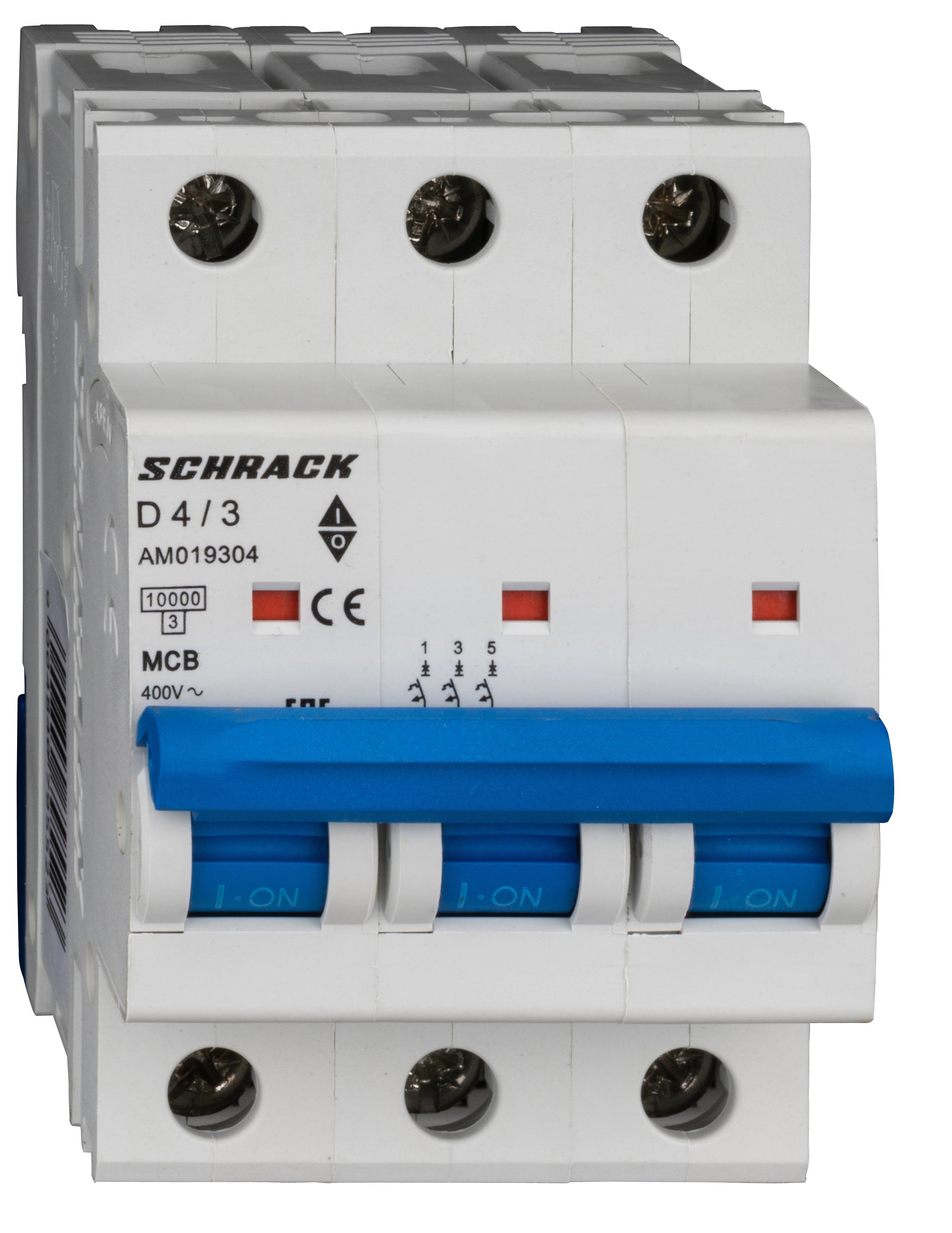Intrerupator, automat, mcb, amparo, tripolar, 3p, curba, d, 4a, 10ka, schrack, am019304--