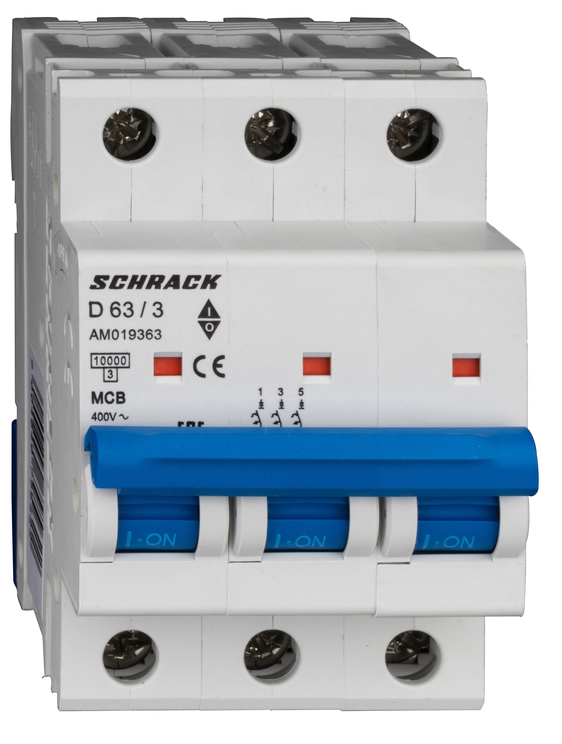 Intrerupator, Automat, MCB, AMPARO, Tripolar, 3P, Curba, D, 63A, 10kA, Schrack, AM019363--