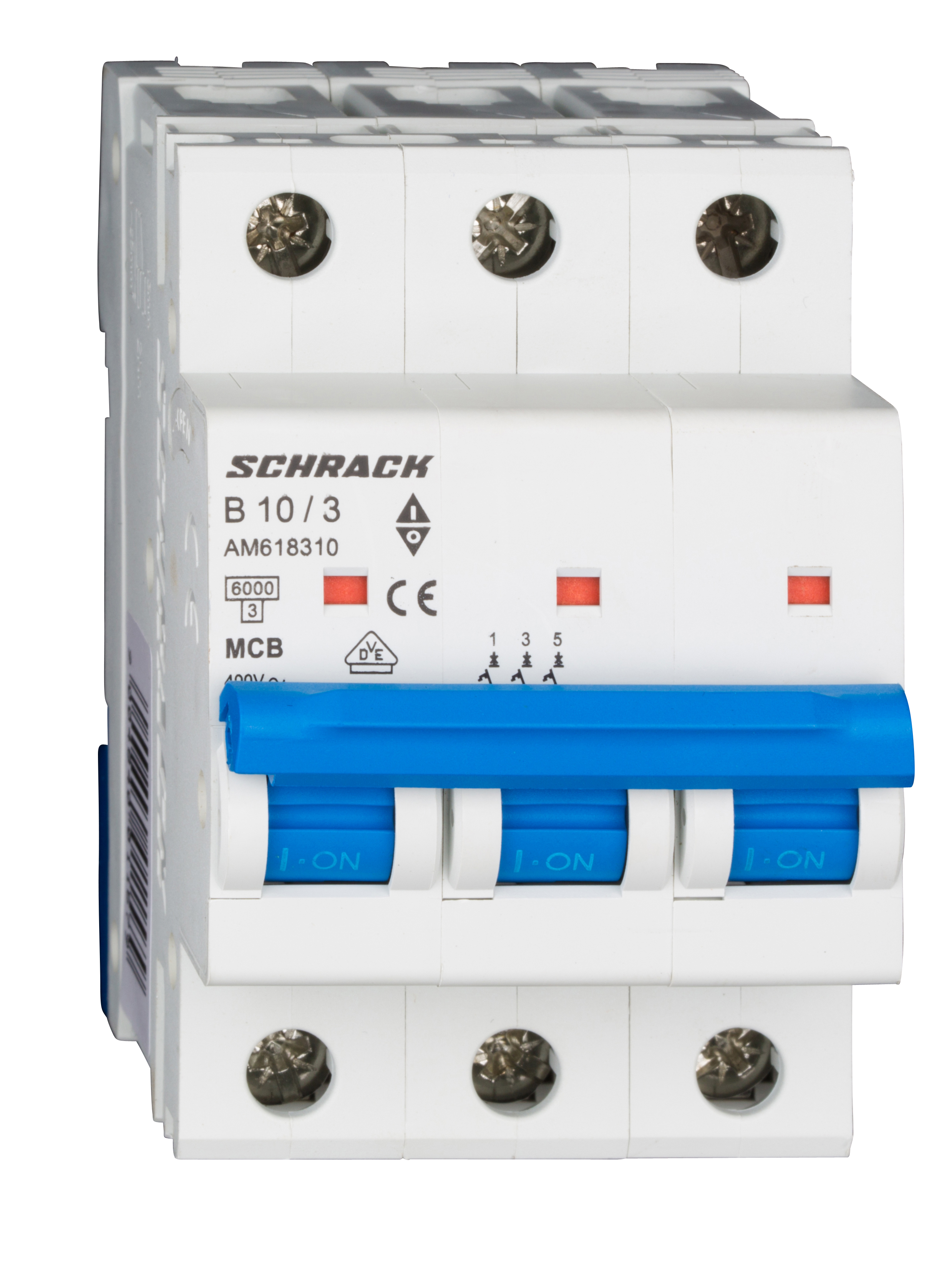 Intrerupator, automat, mcb, amparo, tripolar, 3p, curba, b, 10a, 6ka, schrack, am618310--