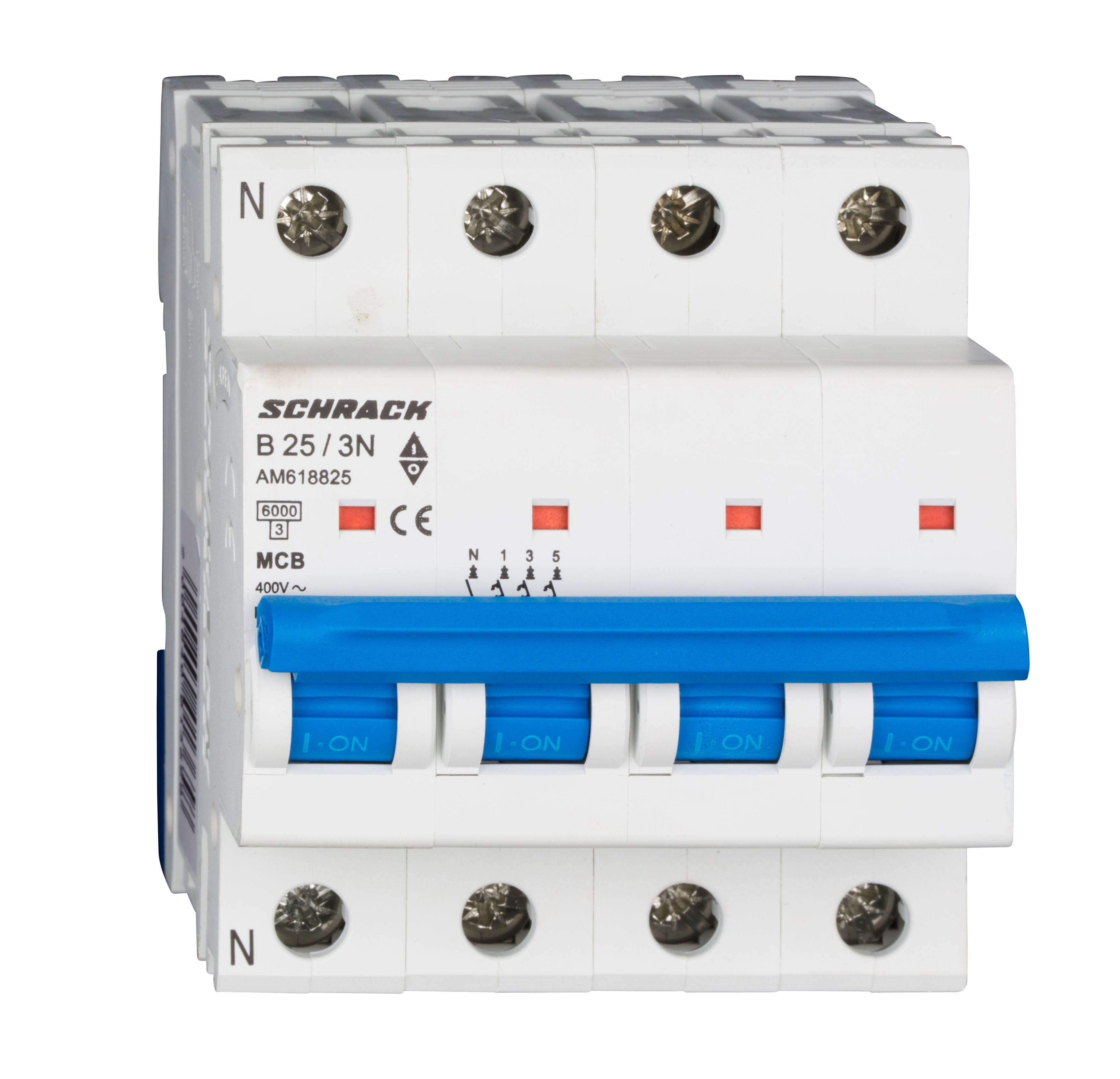 Intrerupator, Automat, MCB, AMPARO, Tetrapolar, 3P+N, Curba, B, 25A, 6kA, Schrack, AM618825-- 