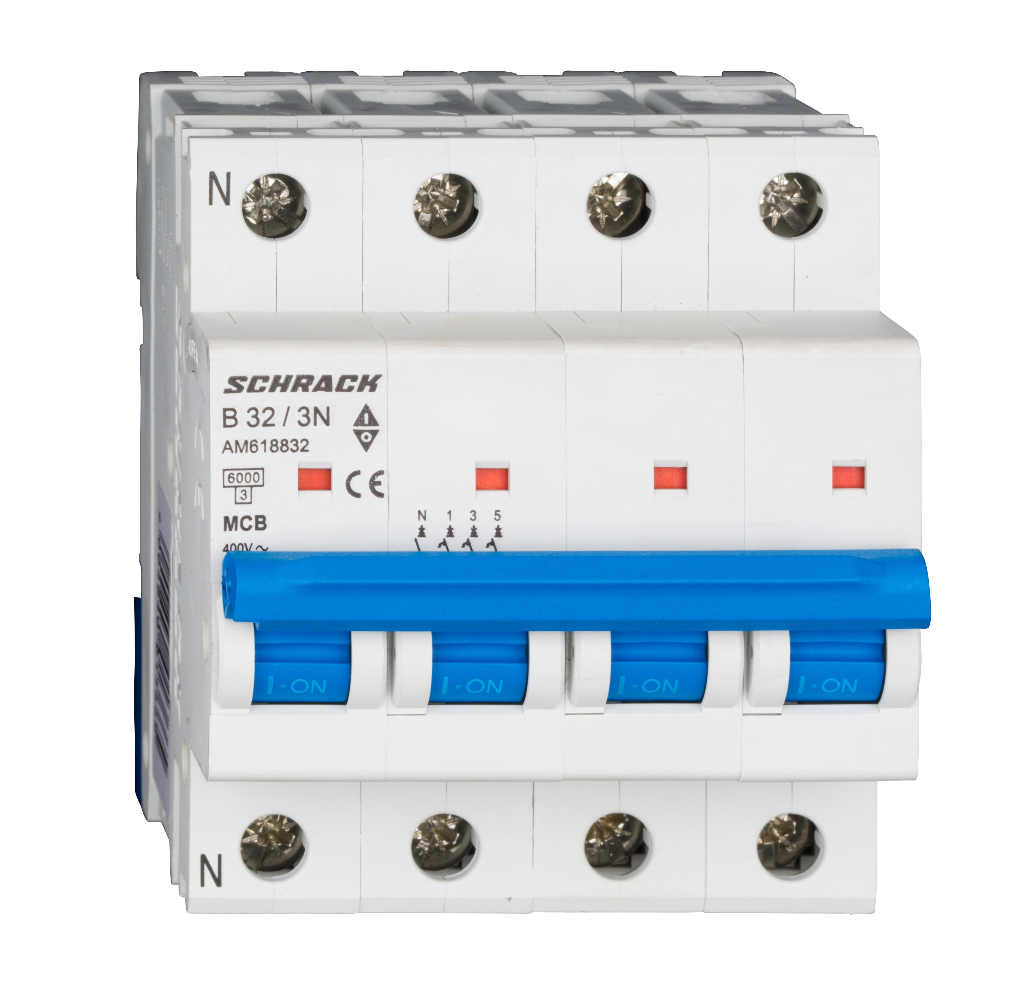 Intrerupator, Automat, MCB, AMPARO, Tetrapolar, 3P+N, Curba, B, 32A, 6kA, Schrack, AM618832-- 