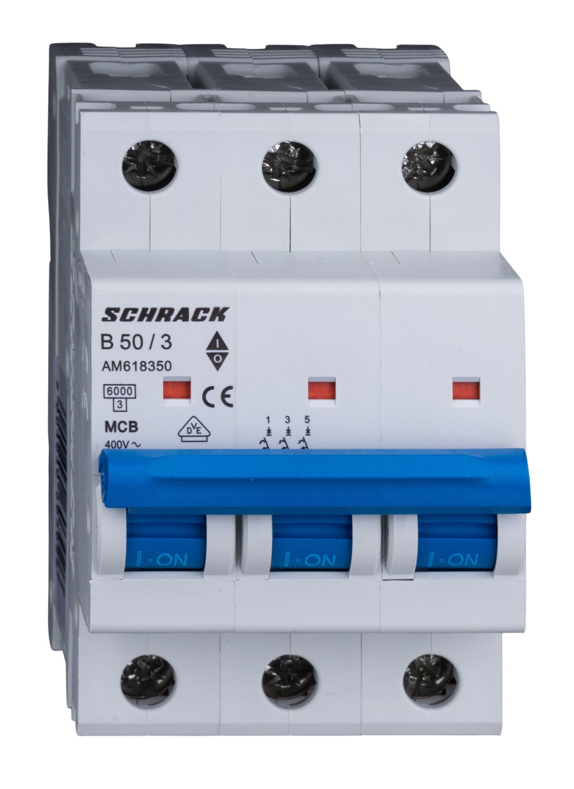 Intrerupator, automat, mcb, amparo, tripolar, 3p, curba, b, 50a, 6ka, schrack, am618350--