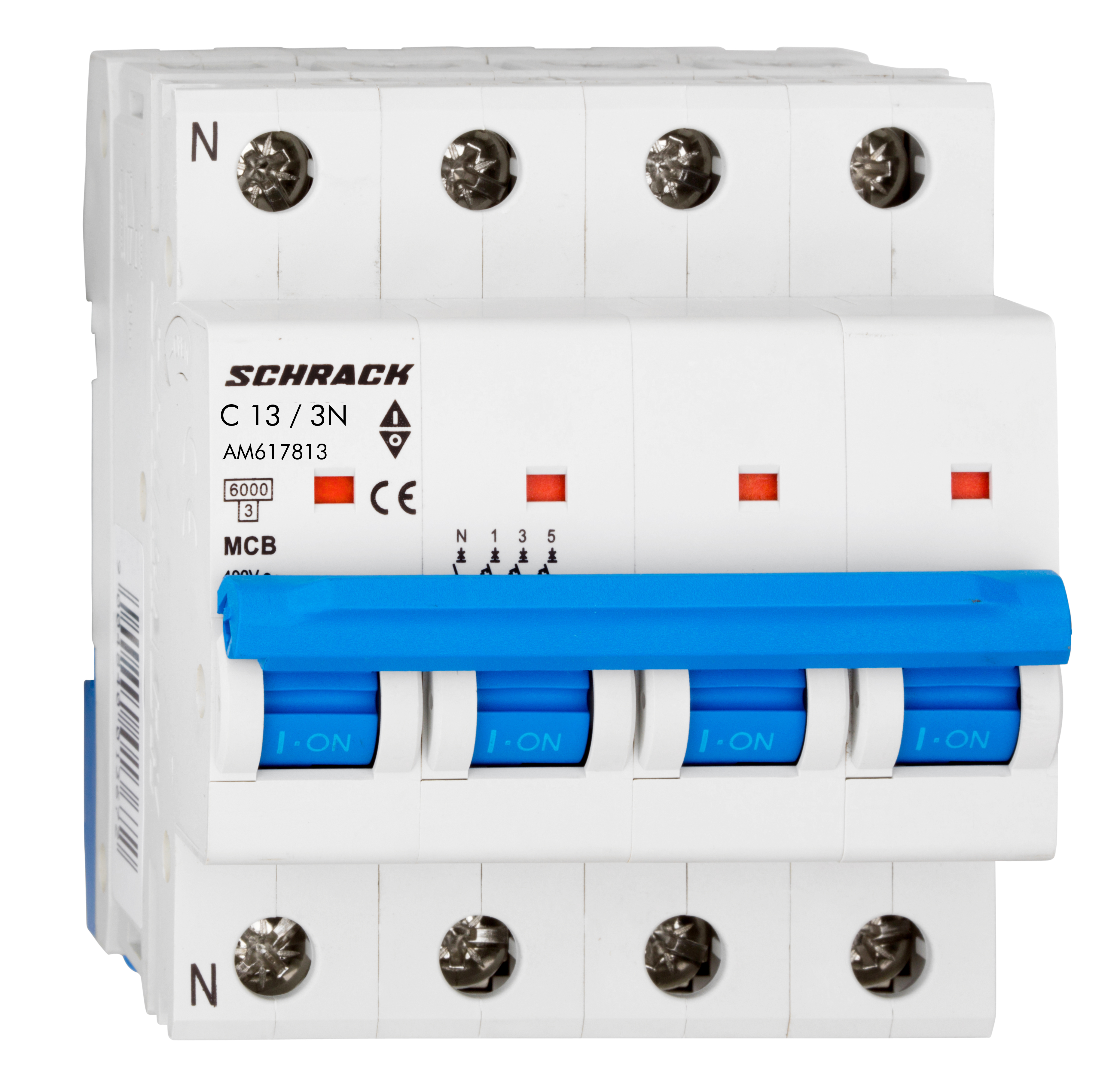 Intrerupator, automat, mcb, amparo, tetrapolar, 3p+n, curba, c, 13a, 6ka, schrack, am617813--