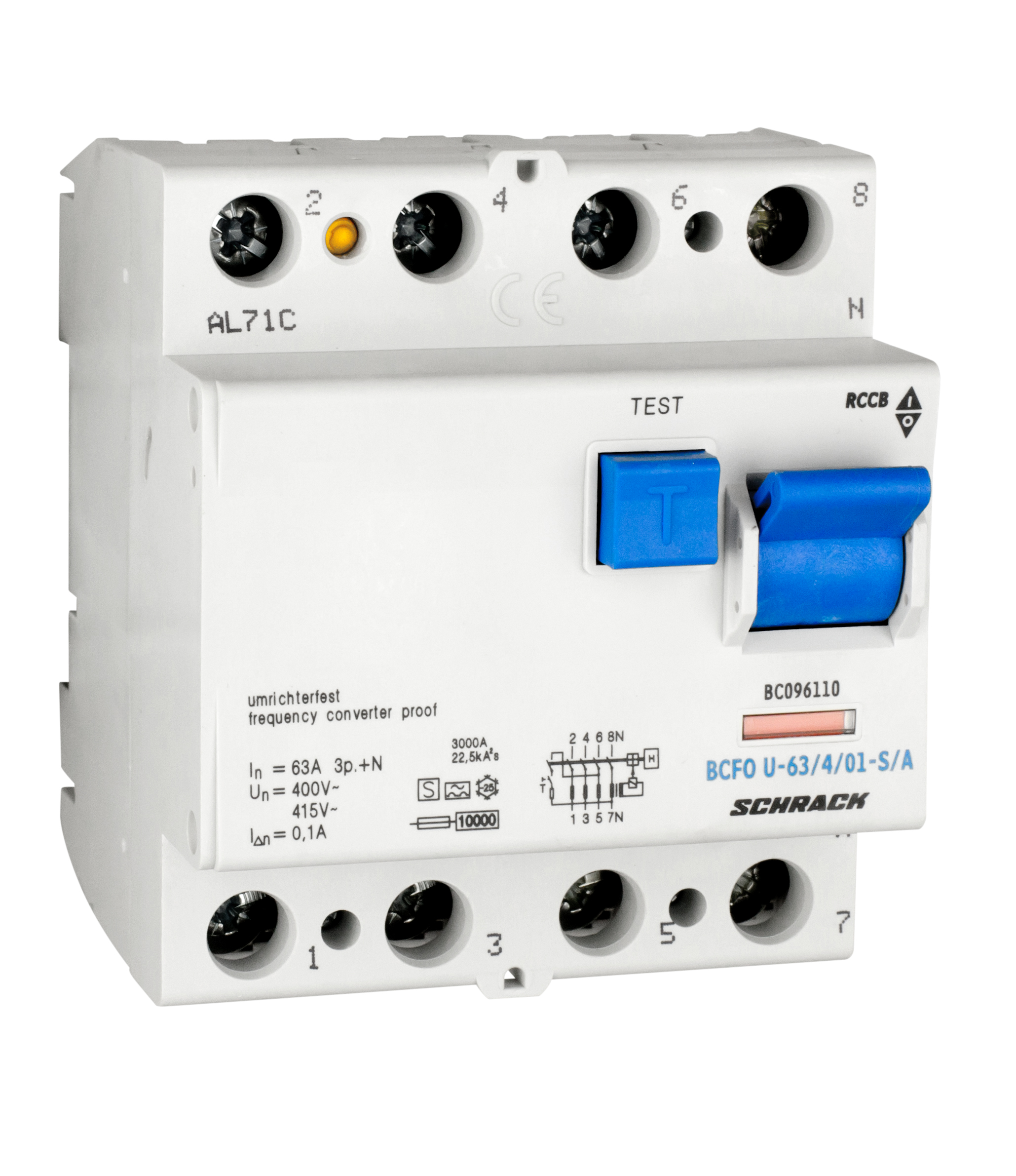 Intrerupator, diferential, schrack, tip a, tetrapolar, 4p, 63a, 100ma, 10ka