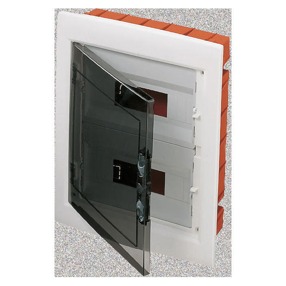 Tablou de distributie montaj Incastrat cu Usa Transparenta Fumurie cu Cadru Extractabil - cu Regleta de Borne N (3X16)+(11X10) E (3X16)+(11X10) - (12X2) 24 Module - IP40 Gewiss GW40606BS
