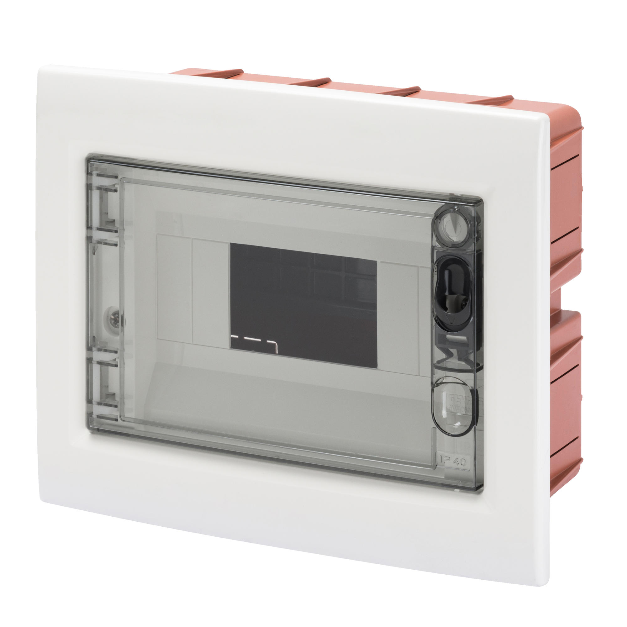 Tablou de distributie montaj Incastrat cu Usa Transparenta Fumurie cu Cadru Extractabil - cu Regleta de Borne N (2X16)+(7X10) E (2X16)+(7X10) - 8 Module IP40 Gewiss GW40604BS