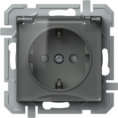 Priza, Schuko, cu, Capac, si, Borne, pe, Surub, Logiq, 1P, 16A, Antracit+Transparent, TEM-VQ11ATXO-U